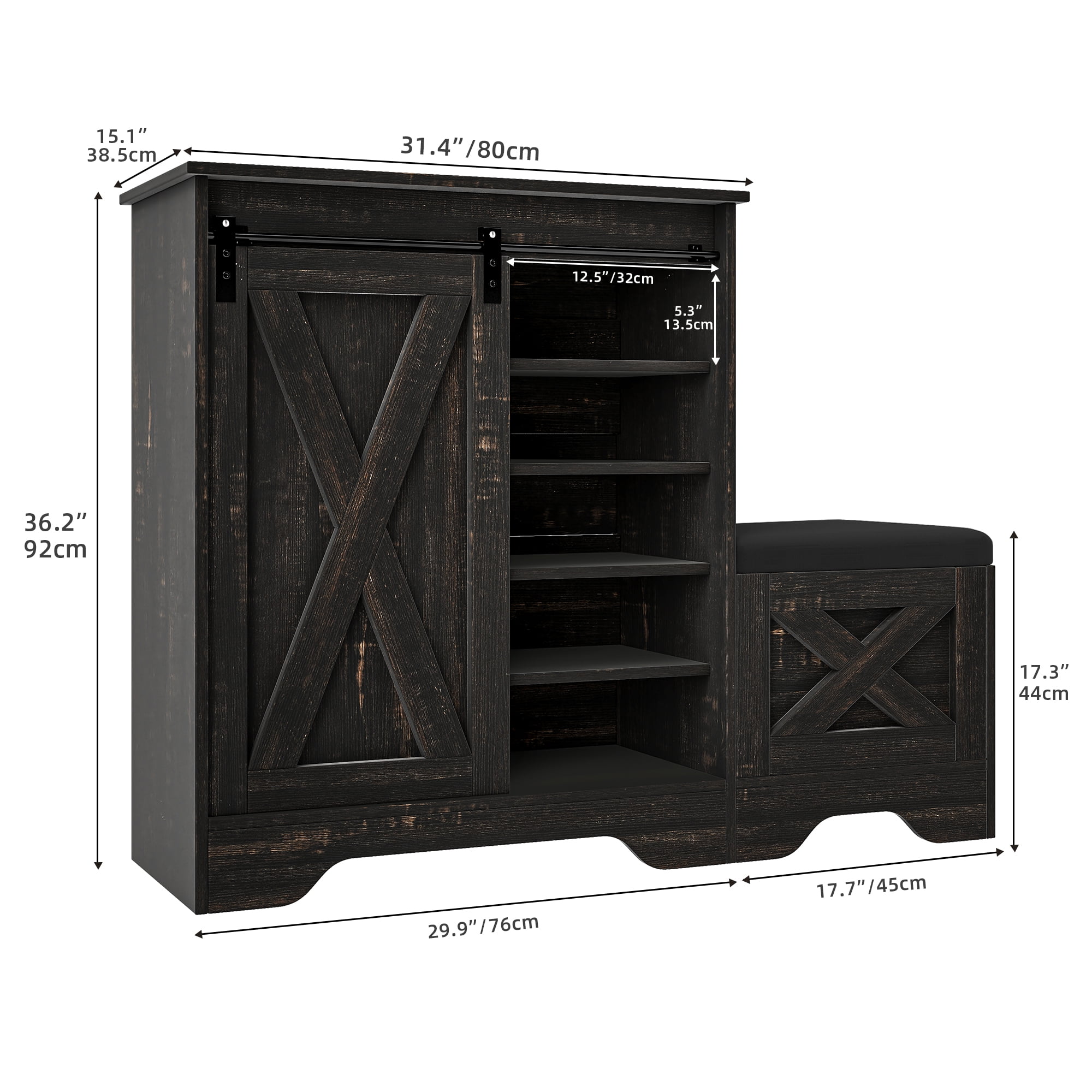 Uforic Shoe Cabinet with Sliding Door & Shoe Bench,Farmhouse Narrow Slim 5-Tier Adjustable Shoe Storage Organizer for 20 Pairs for Entryway, Foyer, Dark Rustic Oak - Image 3