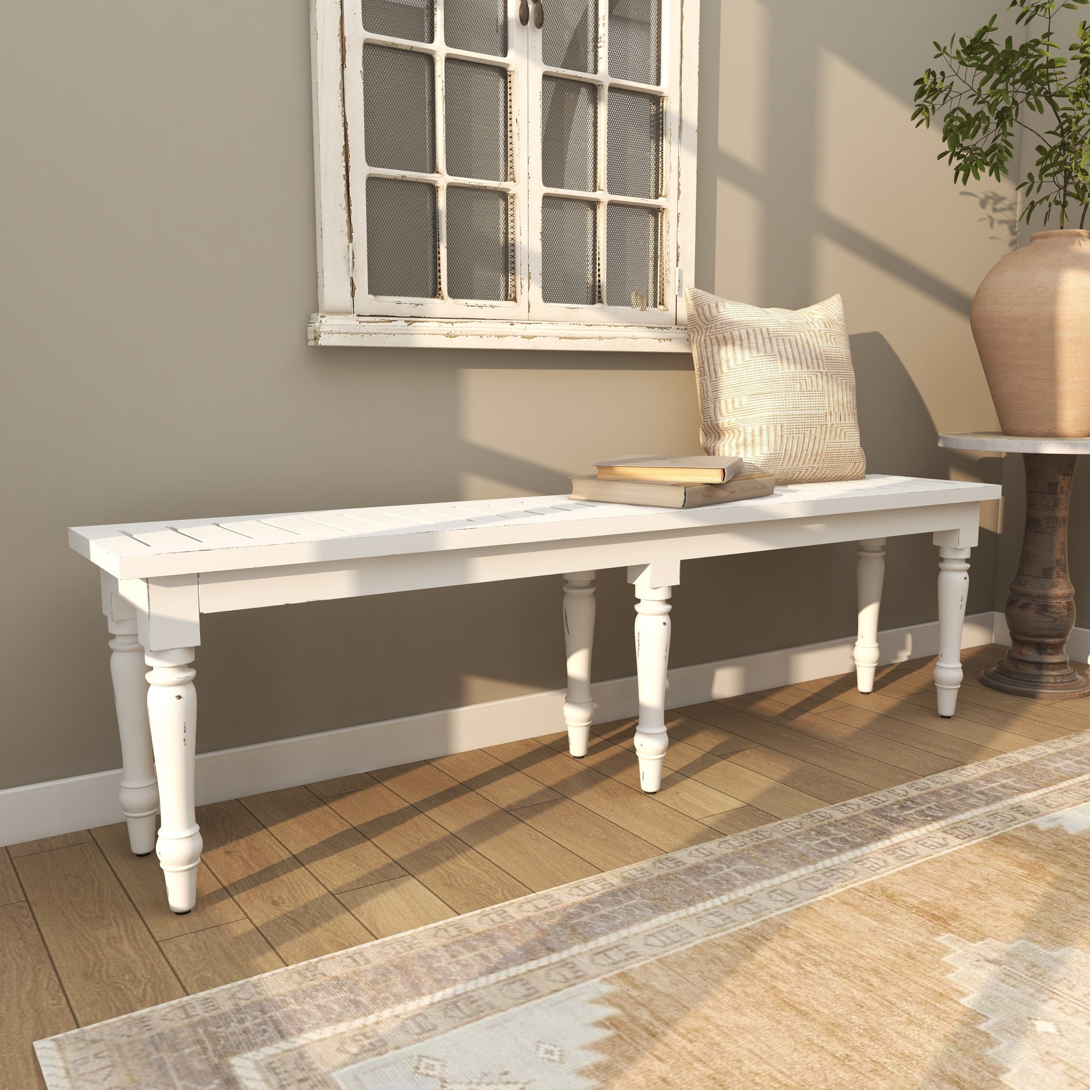 DecMode Wood Extra Long Distressed Slatted Bench with Turned Legs, White - Image 10