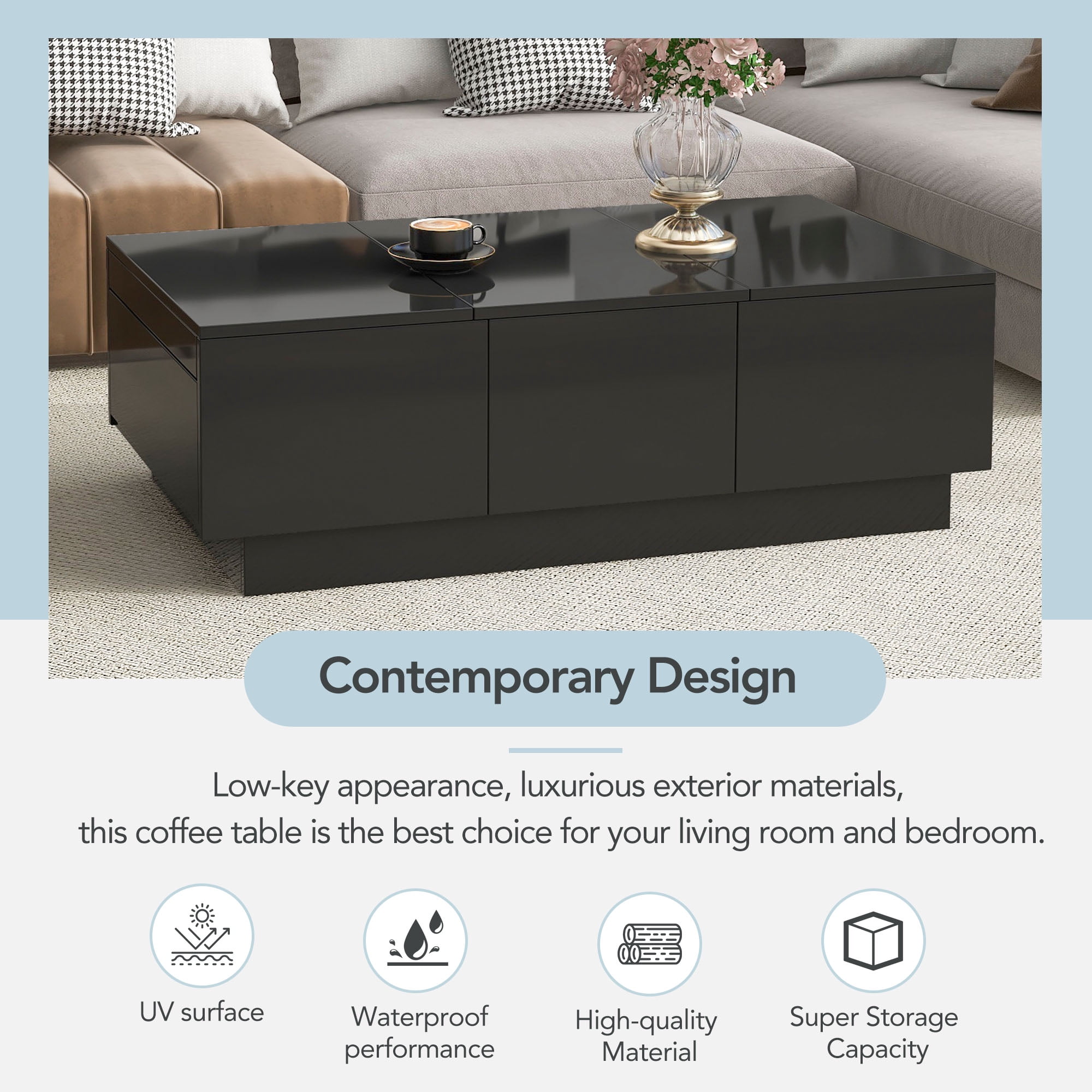 Aukfa Modern Extendable Coffee Table - Rectangle Cocktail Table with Hidden Storage - Black - Image 5