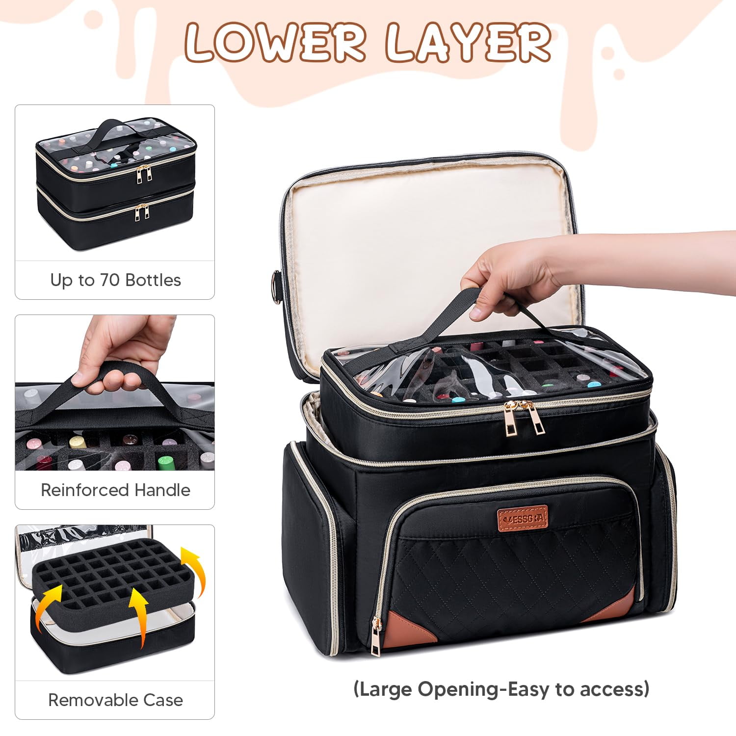 Nail Polish Organizer Case Holds 70 Bottles & Nail Lamp, Double-Layer Nail Storage Bag with Removable Cases & Tool Pockets, Portable Travel Nail Polish Carrying Case - Image 4