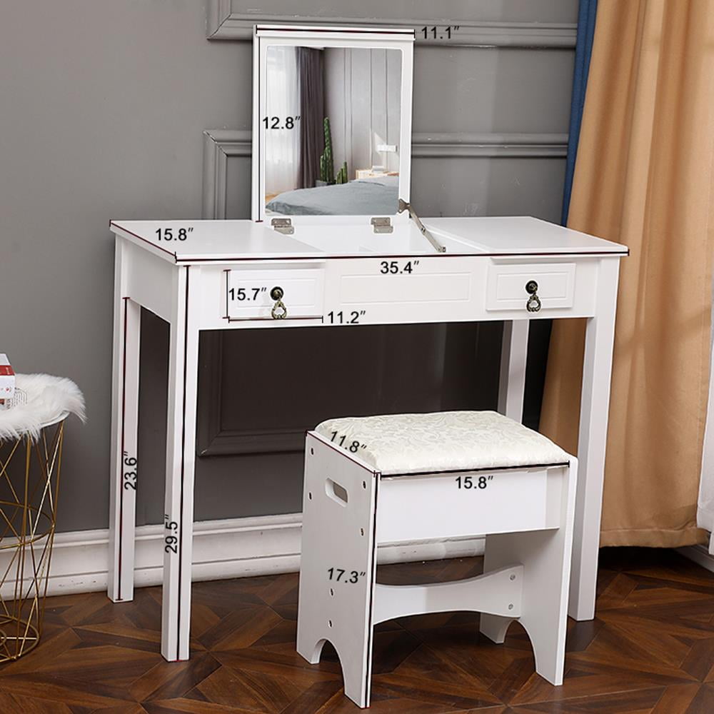 Ktaxon Vanity Set,Flip-top Mirror Dressing Table Makeup Vanity Table Writing Desk with 2 Drawers and Stool, White - Image 5