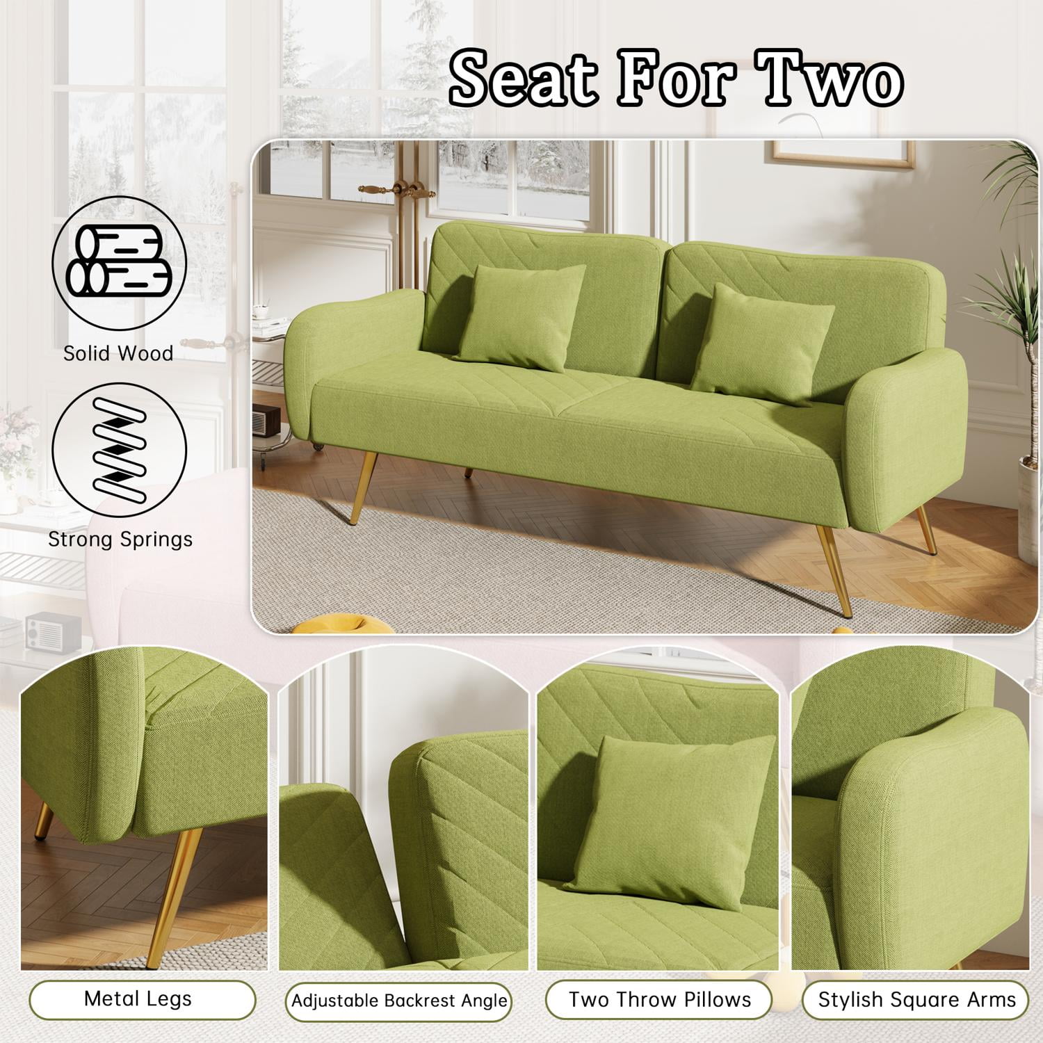 Convertible Folding Futon Sofa Bed Sleeper Couch for Living Room,70 inch Linen Upholstered Recliner Loveseat Daybed with Adjustable Backrest,2 Throw Pillows for Compact Space,Dorm,Green - Image 3