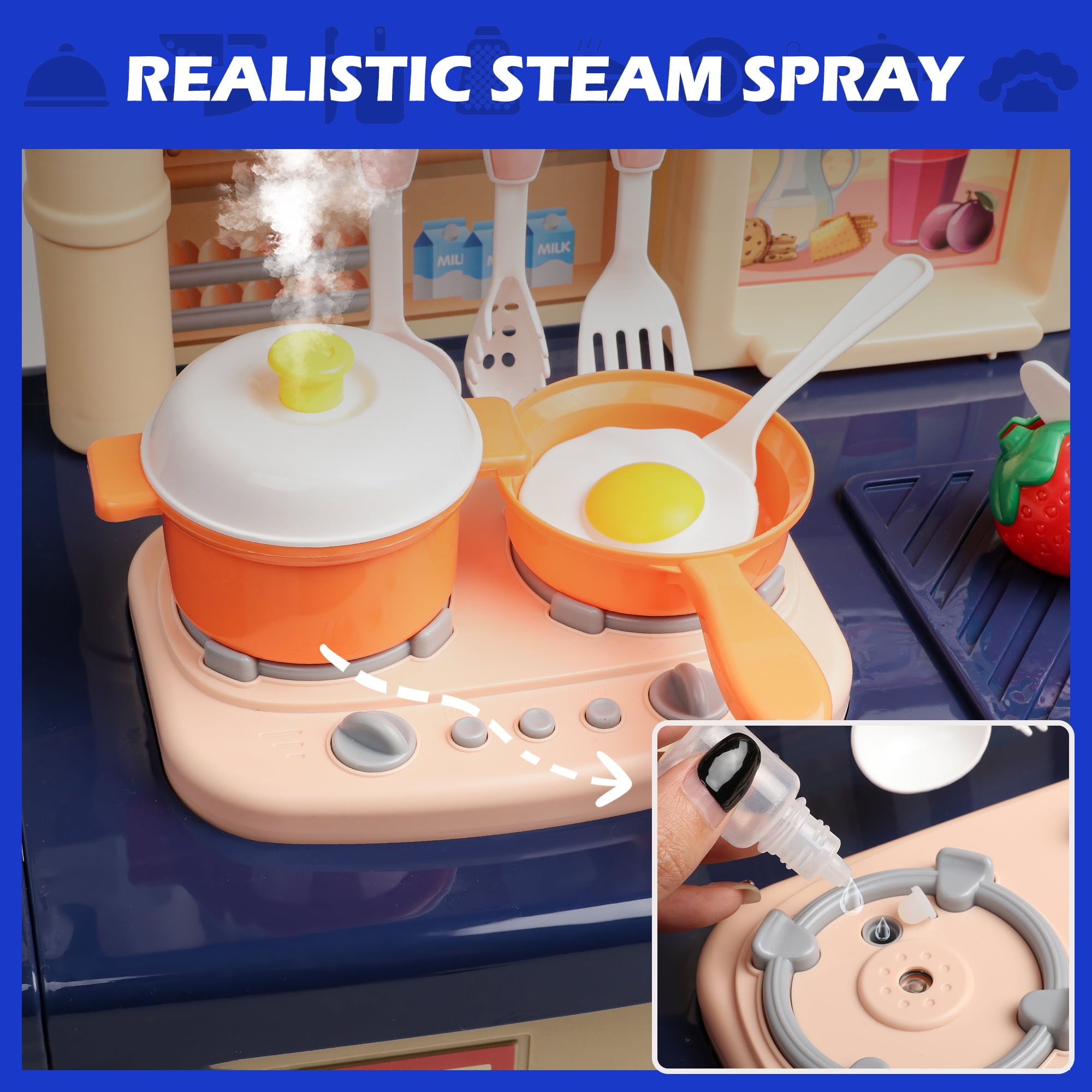 Beefunni 34 inch Blue Pretend Play Kitchen Toys Pretend Food Sets- Kitchen Toys for Kids Ages 2 3 4, Cooking Set for Toddlers 1-3, Play Kitchen Accessories Christmas Gifts Toys for Girls Boys 3+ - Image 2