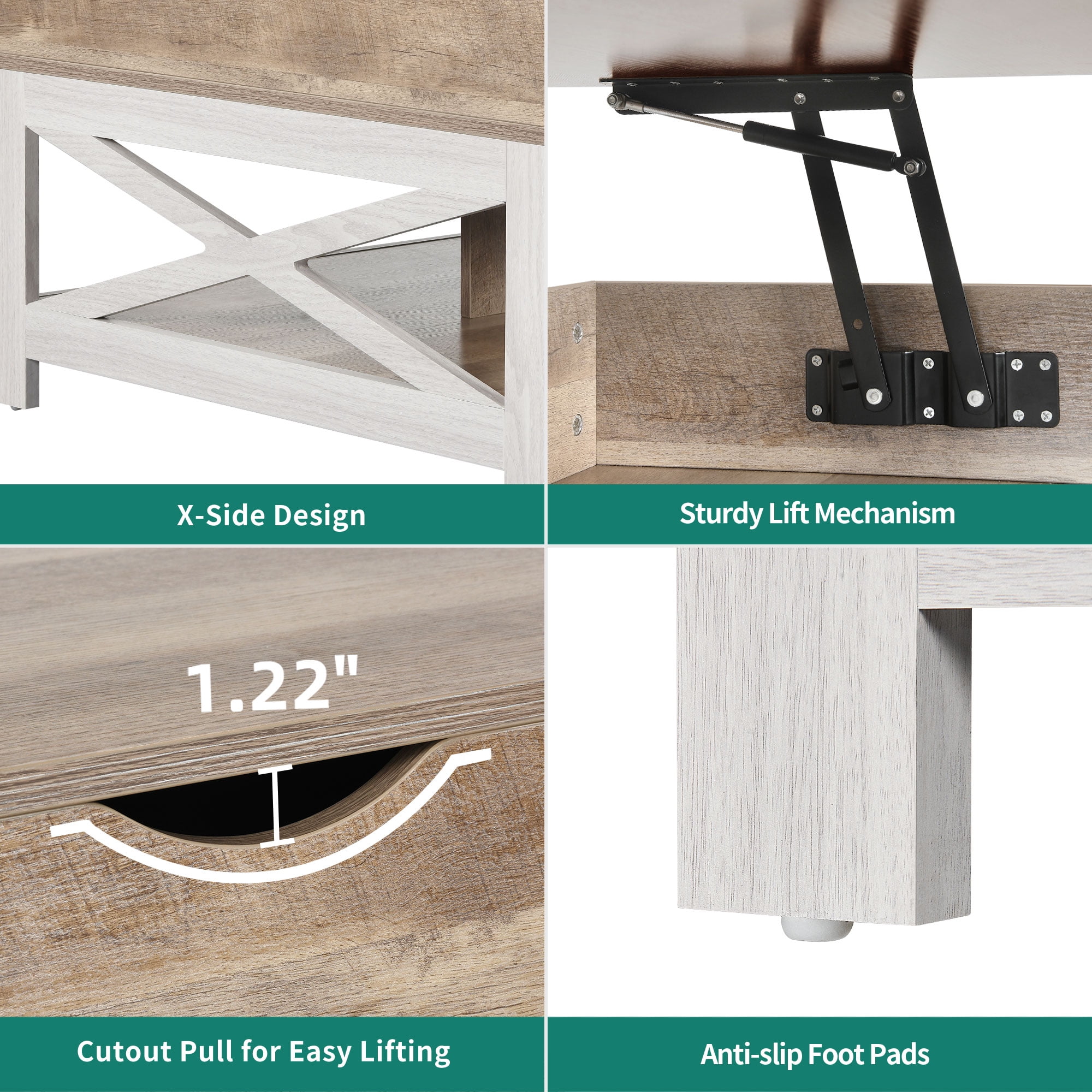 Dextrus Farmhouse Square Coffee Table with Storage for Living Room, Lift Top Center Table, Gray Wash - Image 6