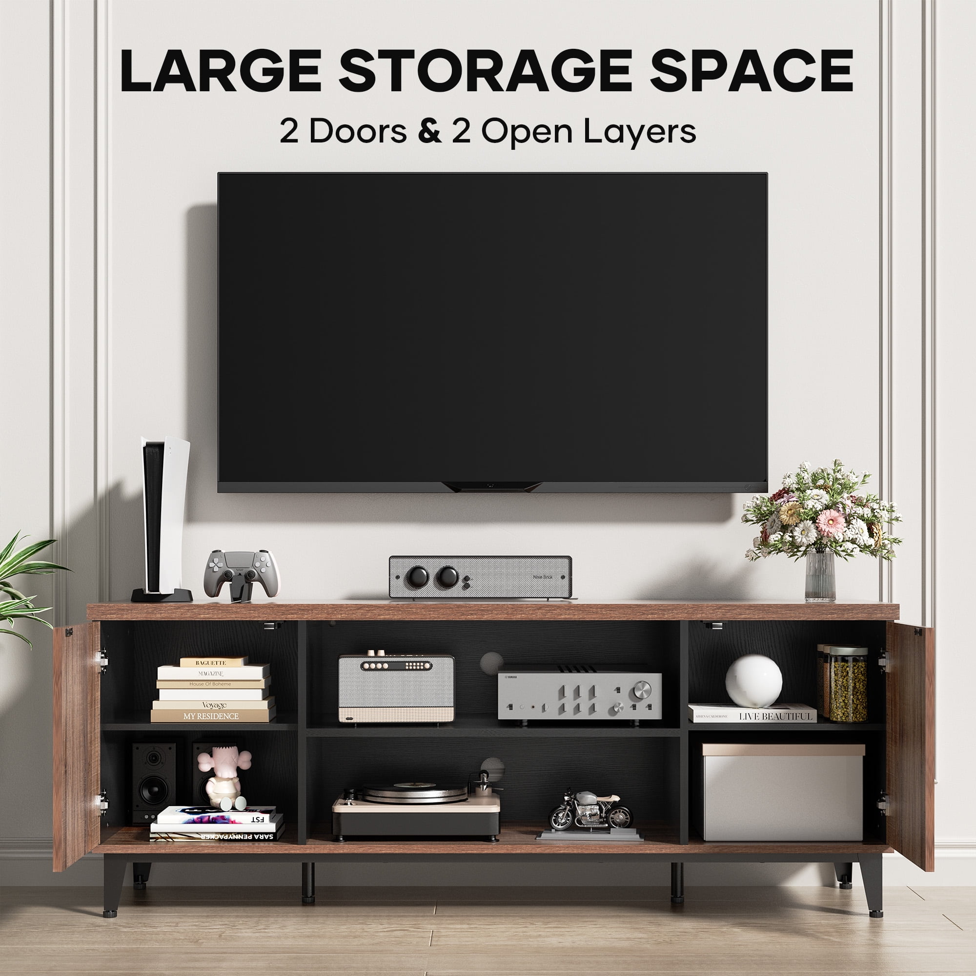 MARNUR 59" TV Stand for TVs up to 65", Entertainment Center Media Console Table with Storage, LED Light for Living Room, Mid-Century, Rustic Oak - Image 2