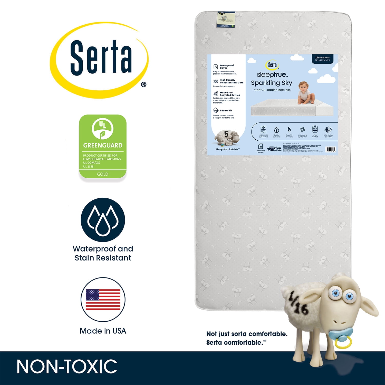 Serta SleepTrue Sparkling Sky 5" Dual-Sided Crib & Toddler Mattress - Sustainably Sourced Fiber Core - Waterproof - Lightweight - GREENGUARD Gold Certified - 5 Year Warranty - Image 8