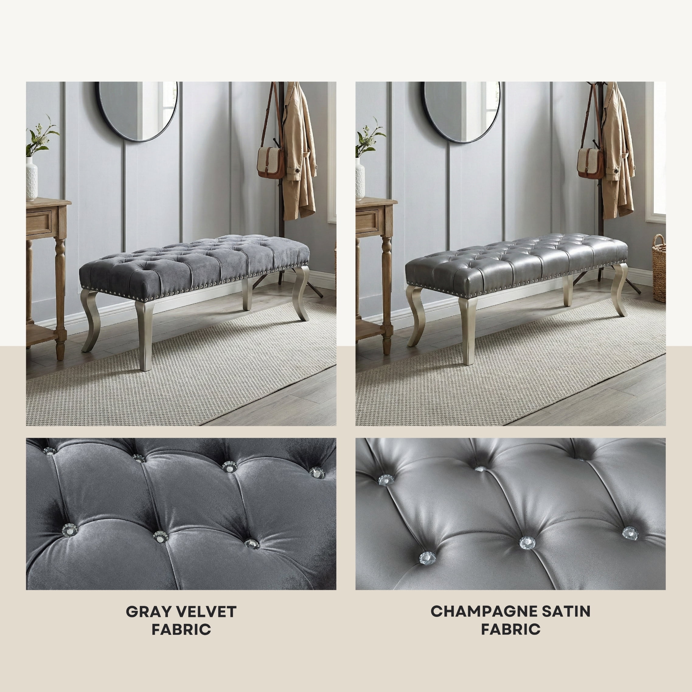 Roundhill Furniture Decor Maxem Fabric Upholstered Bench with Nailhead Gray - Image 13