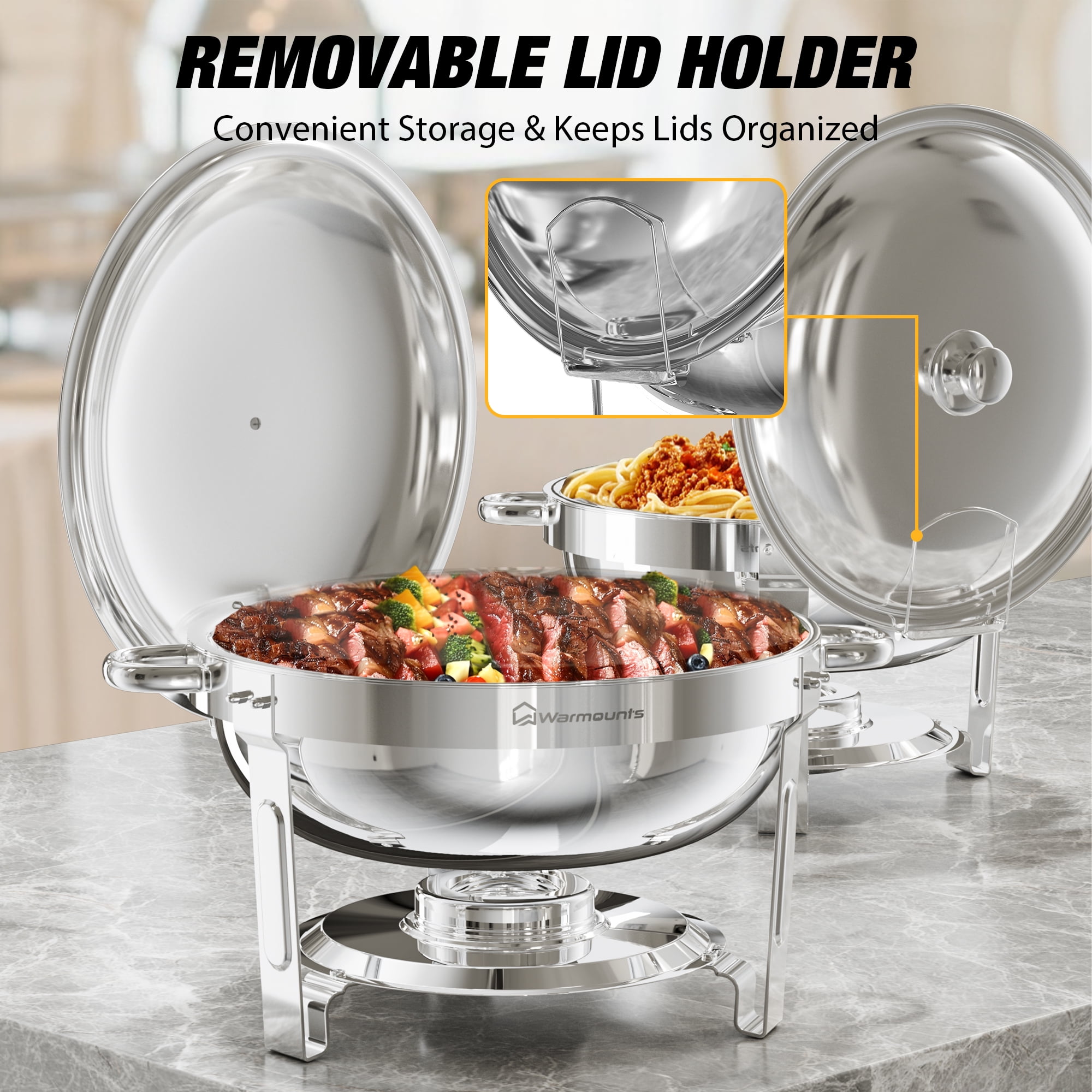 WARMOUNTS Round Chafing Dish Buffet Set 4 Pack, 5QT Polished Stainless Steel Chafing Dish, Buffet Servers and Warmers Set with Lid & Holder for Party, No Finger Cuts - Image 5