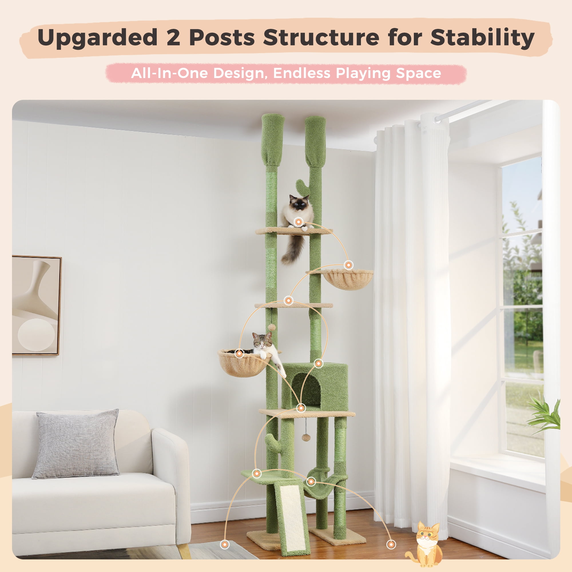 PAWZ Road 85-112" Cactus Cat Tree Floor to Ceiling Adjustable Climbing Cat Tower Scratching Post 2-Hammocks, Green - Image 13