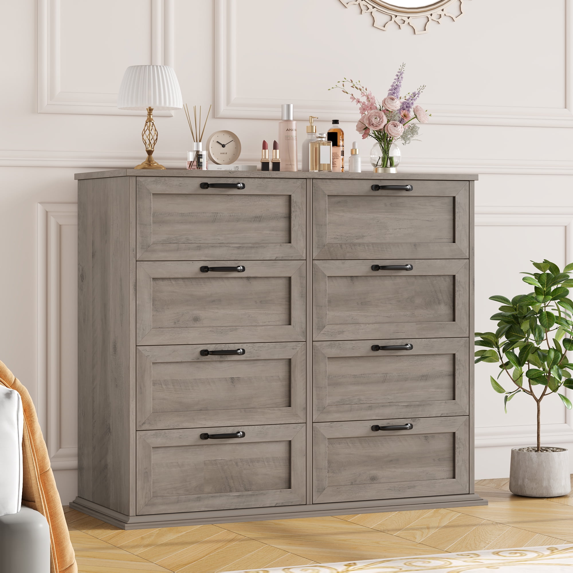 Homfa Horizontal 8 Drawer Dresser, Wood Storage Cabinet Double Dresser for Bedroom Living Room, Gray - Image 4