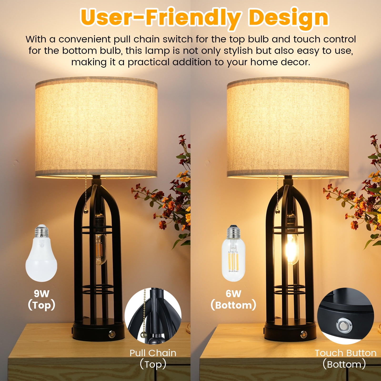 Set of 2 Table Lamp for Living Room, 3-Way Dimmable Farmhouse Lamps with USB C+A & Outlet, Rustic Bedside Lamp for End Tables, Industrial Nightstand Lamps for Bedroom - Image 5