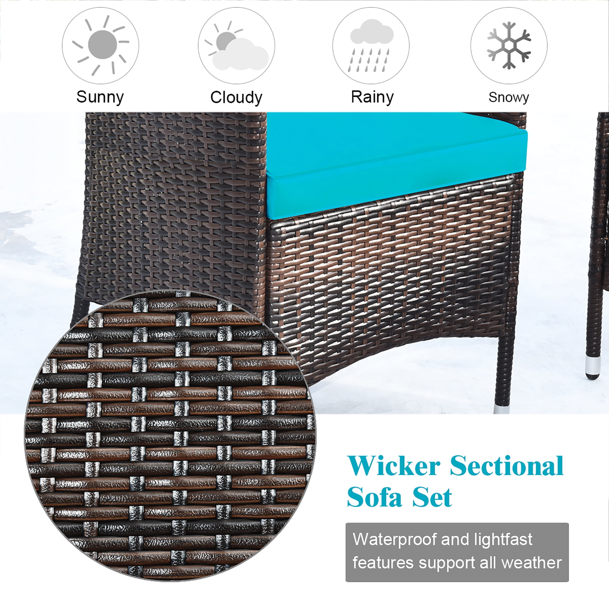 Costway 4PCS Outdoor Patio PE Rattan Wicker Table Shelf Sofa Furniture Set With Turquoise Cushion - Image 6