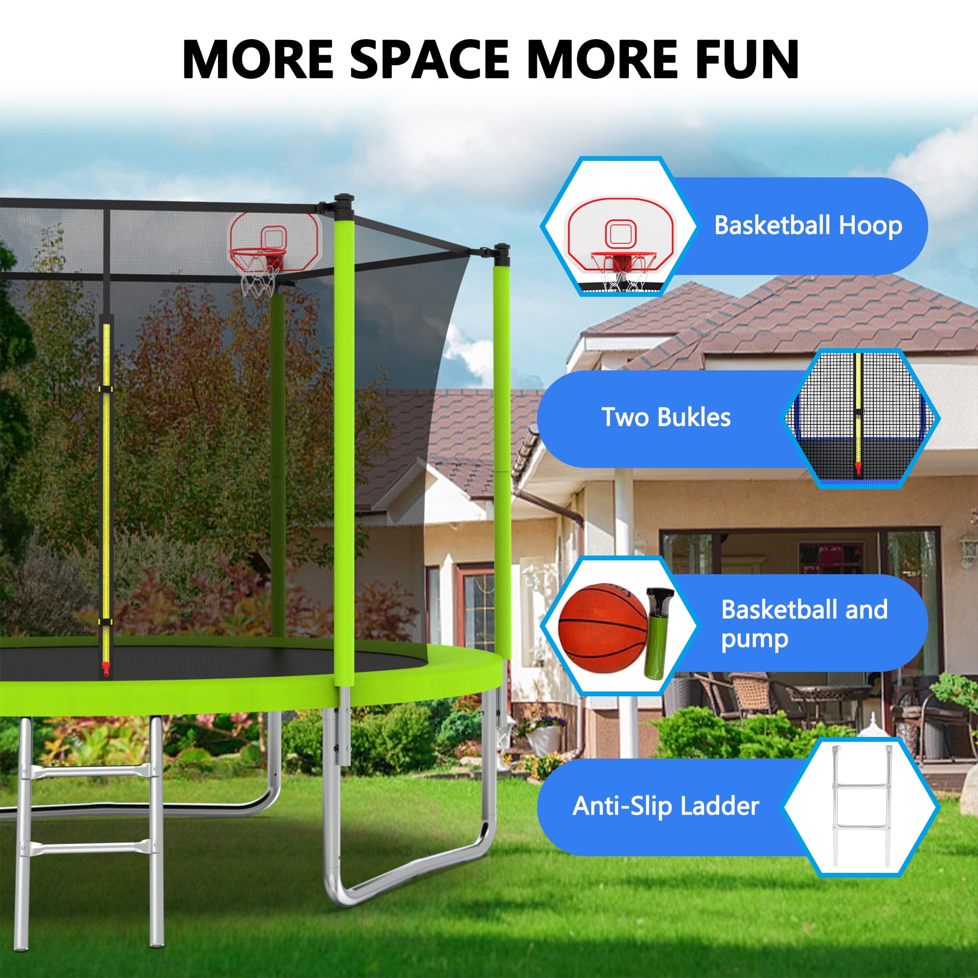 Yoneston 8FT Outdoor Trampoline with Basketball Hoop, 240LBS Round Trampoline with Ladder and Safety Enclosure for Kids and Adults in Backyard Garden, Green - Image 8