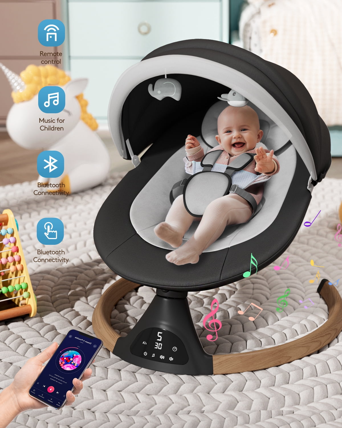 Babyomi Baby Swing for Infant, Electric Bluetooth Swing Rocker with 5 Sway Speeds& 10 nursery rhyme , Black - Image 4