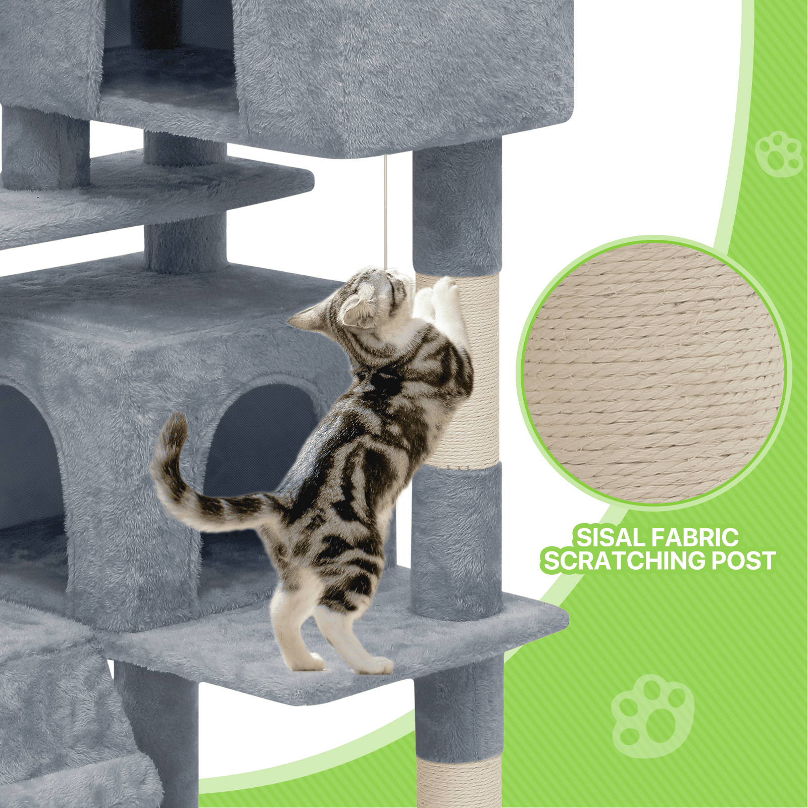 Magshion 60" Multi-Level Cat Tree Tower with Caves, Gentle Ramp, and Pompoms for Indoor Cats, Light Gray - Image 5