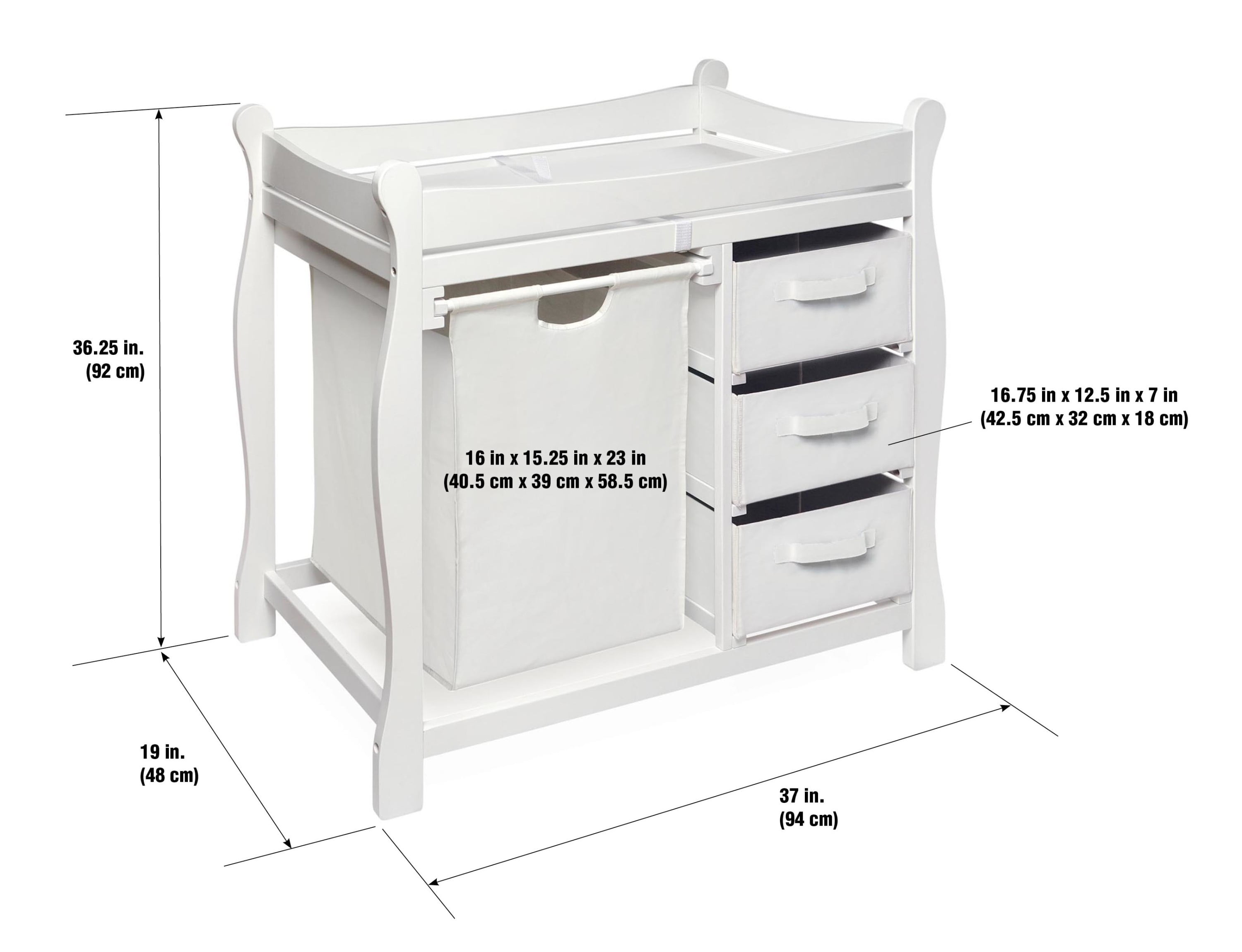 Badger Basket Sleigh Style 3 Drawers Diaper Changing Table with Hamper and Baskets, White - Image 6