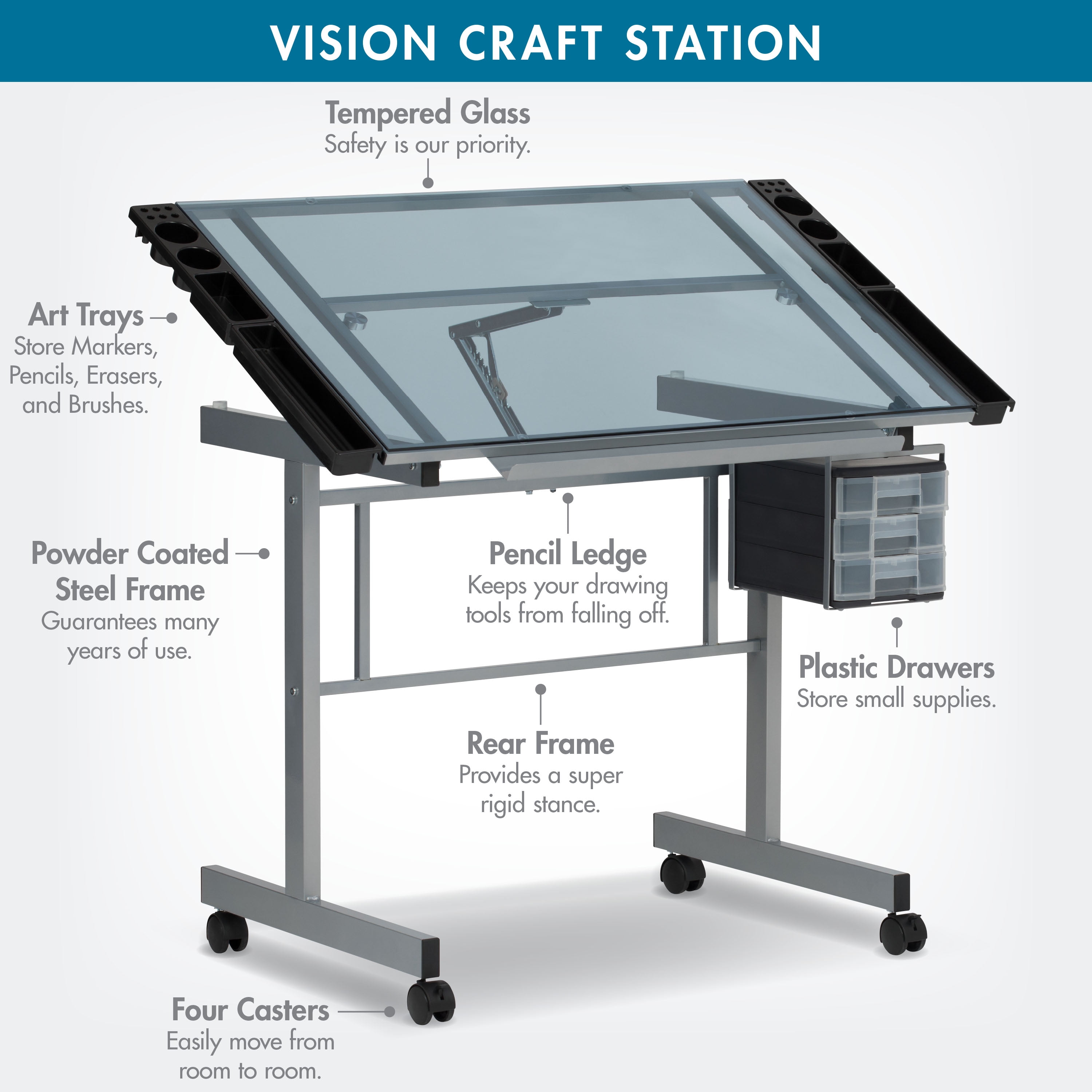 Studio Designs Vision Craft Station Tempered Glass Adjustable Top, Rolling Drafting Table, Silver Blue - Image 8