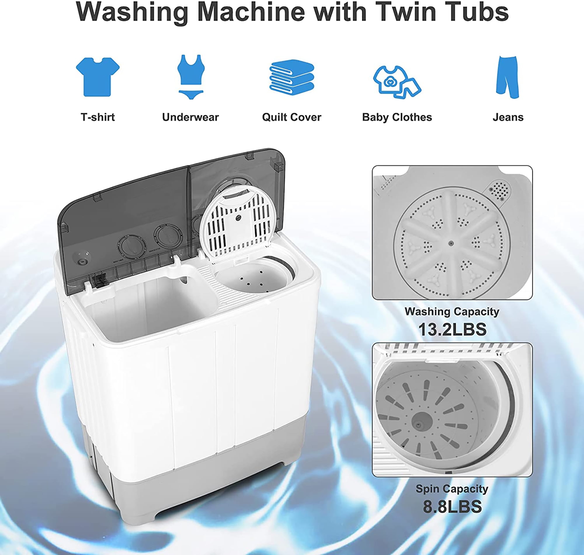 Costway Portable Twin Tub Washing Machine Washer(13.2lbs) & Spinner (8.8lbs) Grey - Image 9