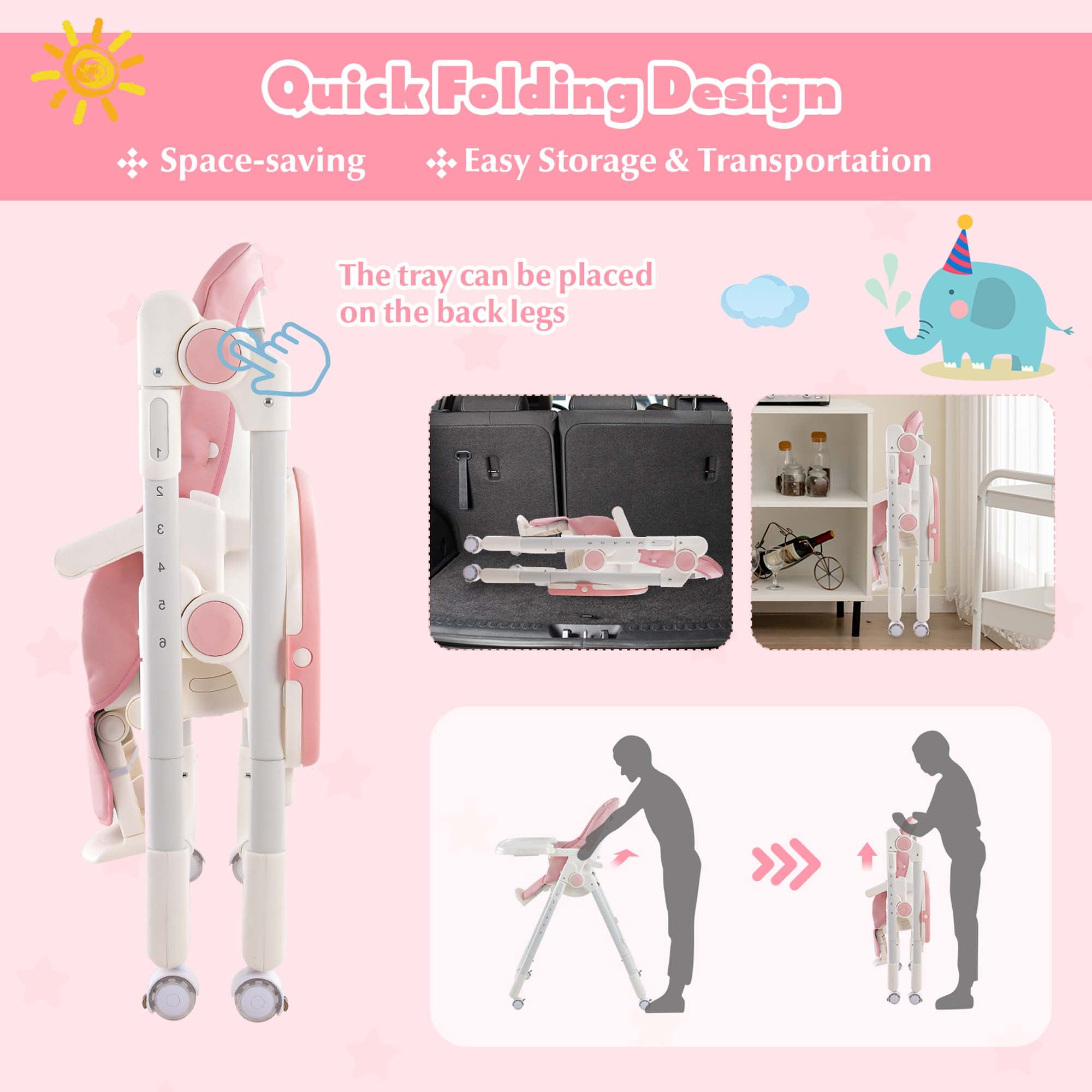 Babyjoy Foldable Highchair Baby Feeding Chair with 360° Rotating Wheels & Height Adjustment Pink - Image 7