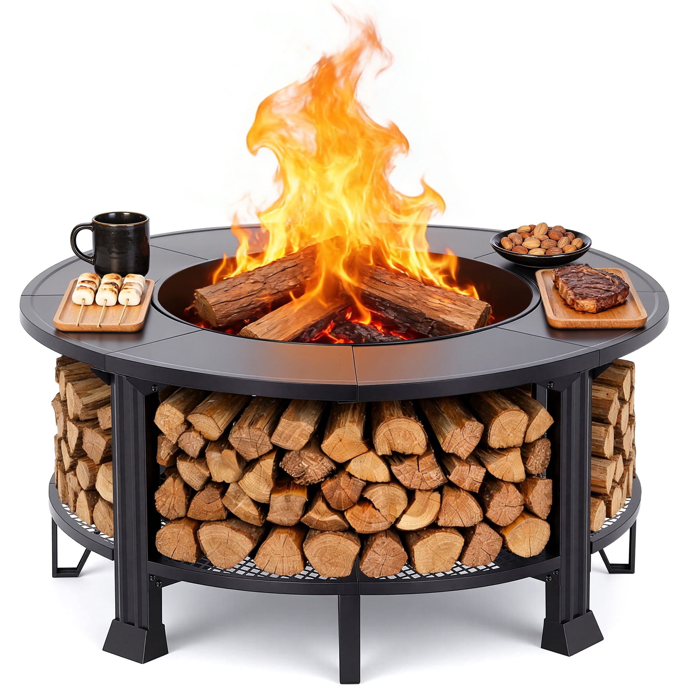 Fire Pits for Outside, 38" Wood Burning Fire Pit Table with Poker, BBQ Net Grill, Cover & Firewood Rack, Round Outdoor Fire Pit for Patio, Backyard & Garden, Round Fire Pit/BBQ Fire Pit, Black - Image 8