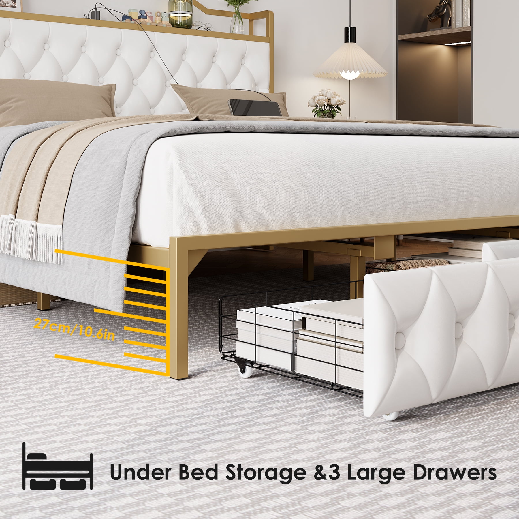 Homfa King Size Storage Bed with 3 Drawers, PU Leather Upholstered Bed with Shelving and Charging , White - Image 3