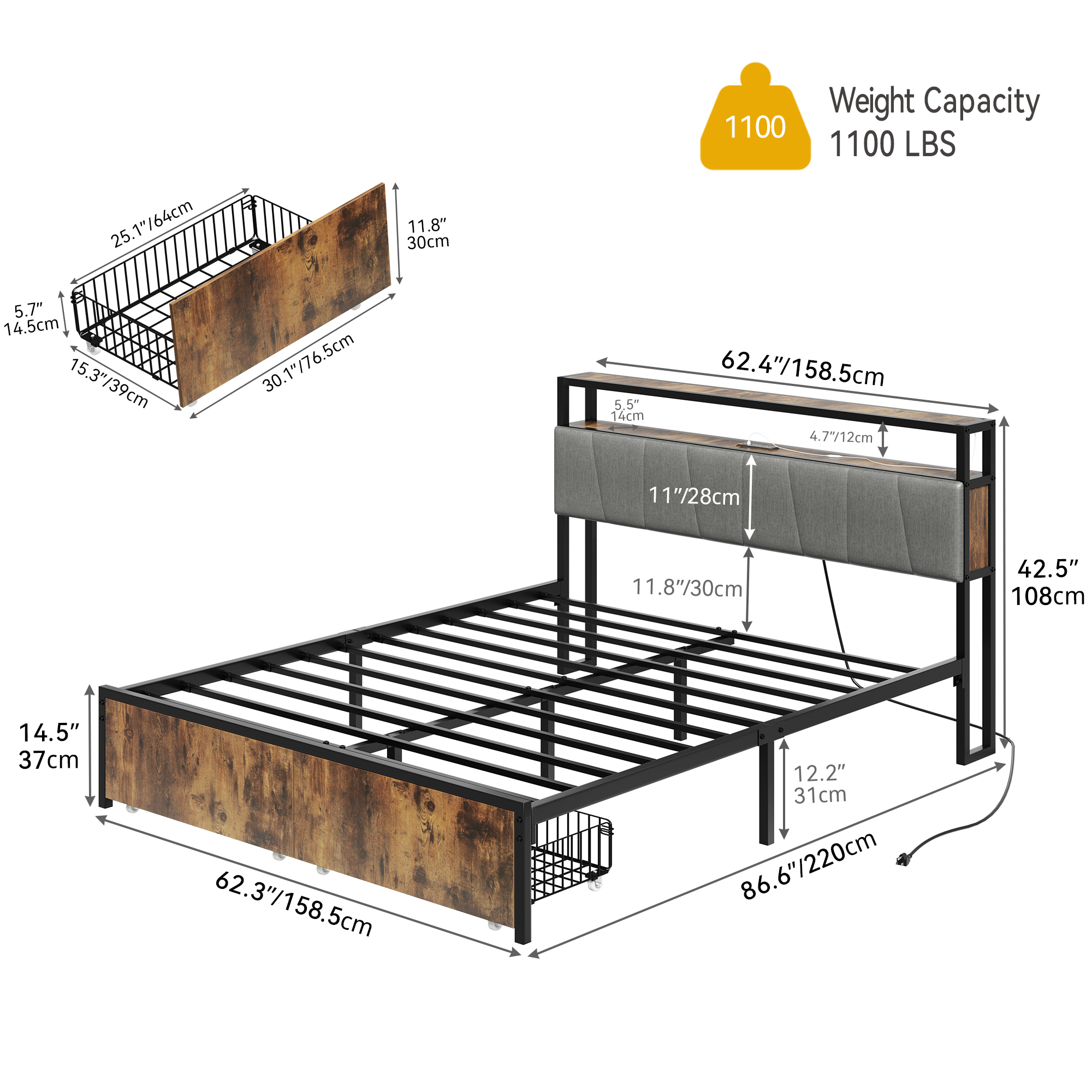 Dextrus Queen Size LED Platform Bed Frame with Storage Headboard & Charging Station, No Box Spring Needed - Image 5