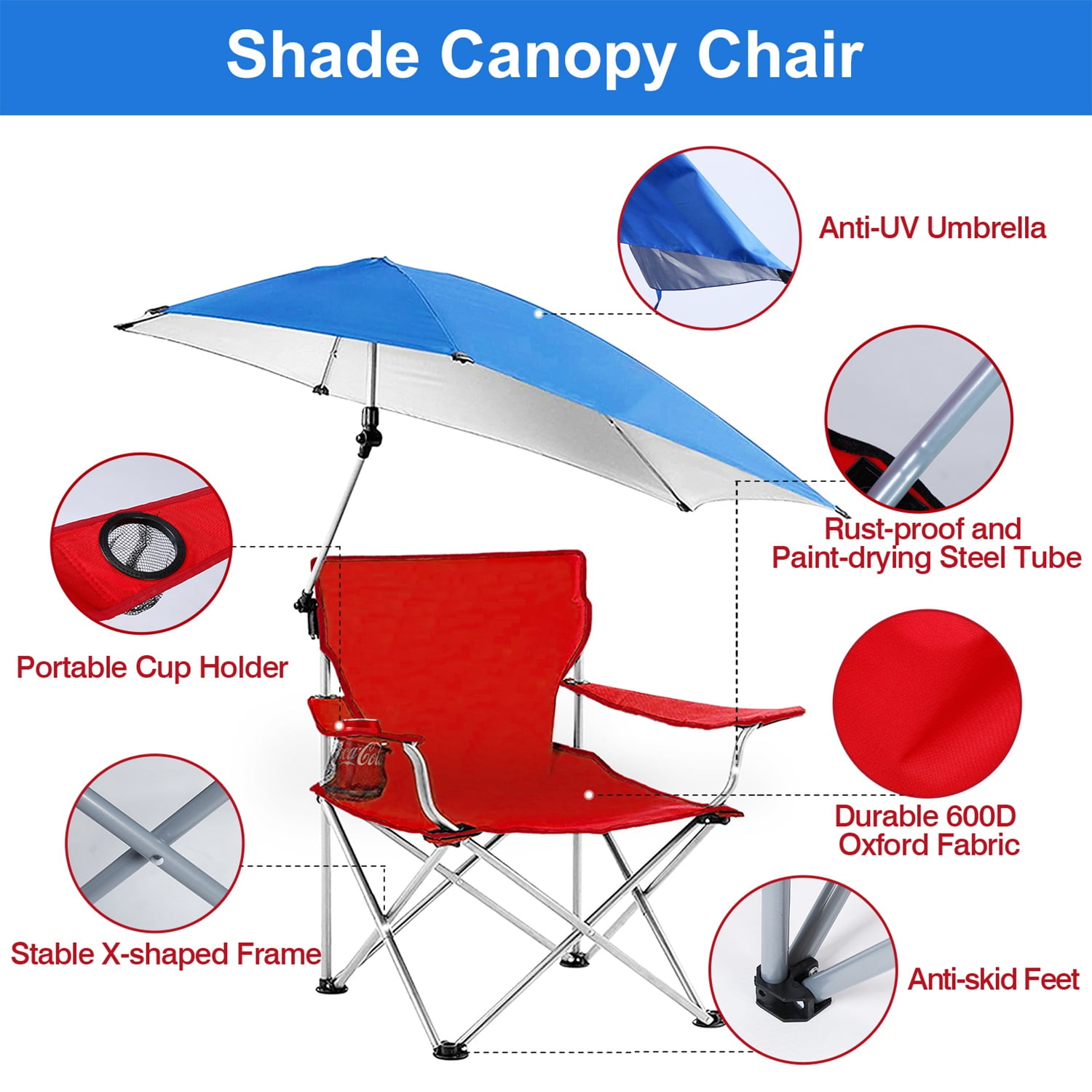 TeqHome Camping Chair with Canopy Shade Folding Beach Chair Support 220lbs with Adjustable Arm Cup Holder Detachable Umbrella Red - Image 4