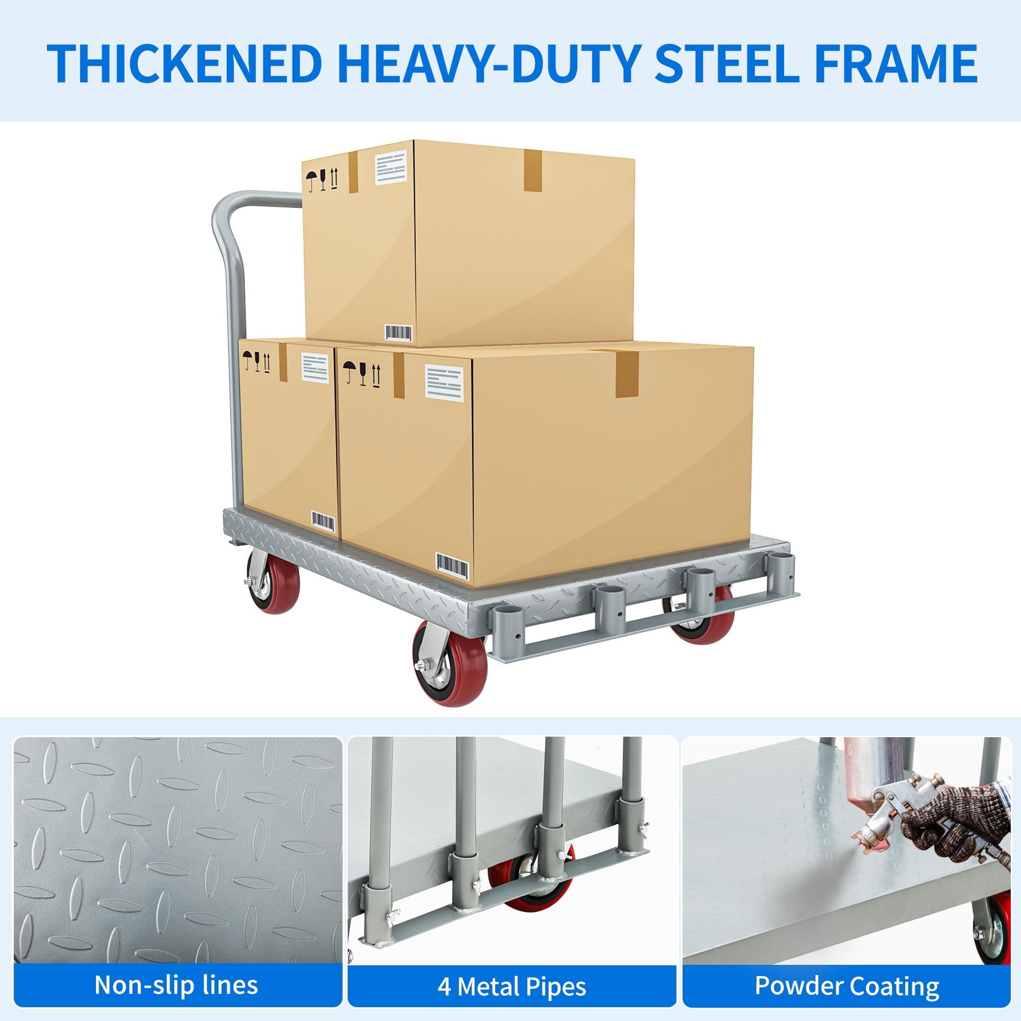 Dextrus 2-in-1 Heavy-Duty Platform Truck, 2200 lbs Capacity, Steel Panel with 4 Side Rails and 5" Rubber Swivel Wheels - Image 2