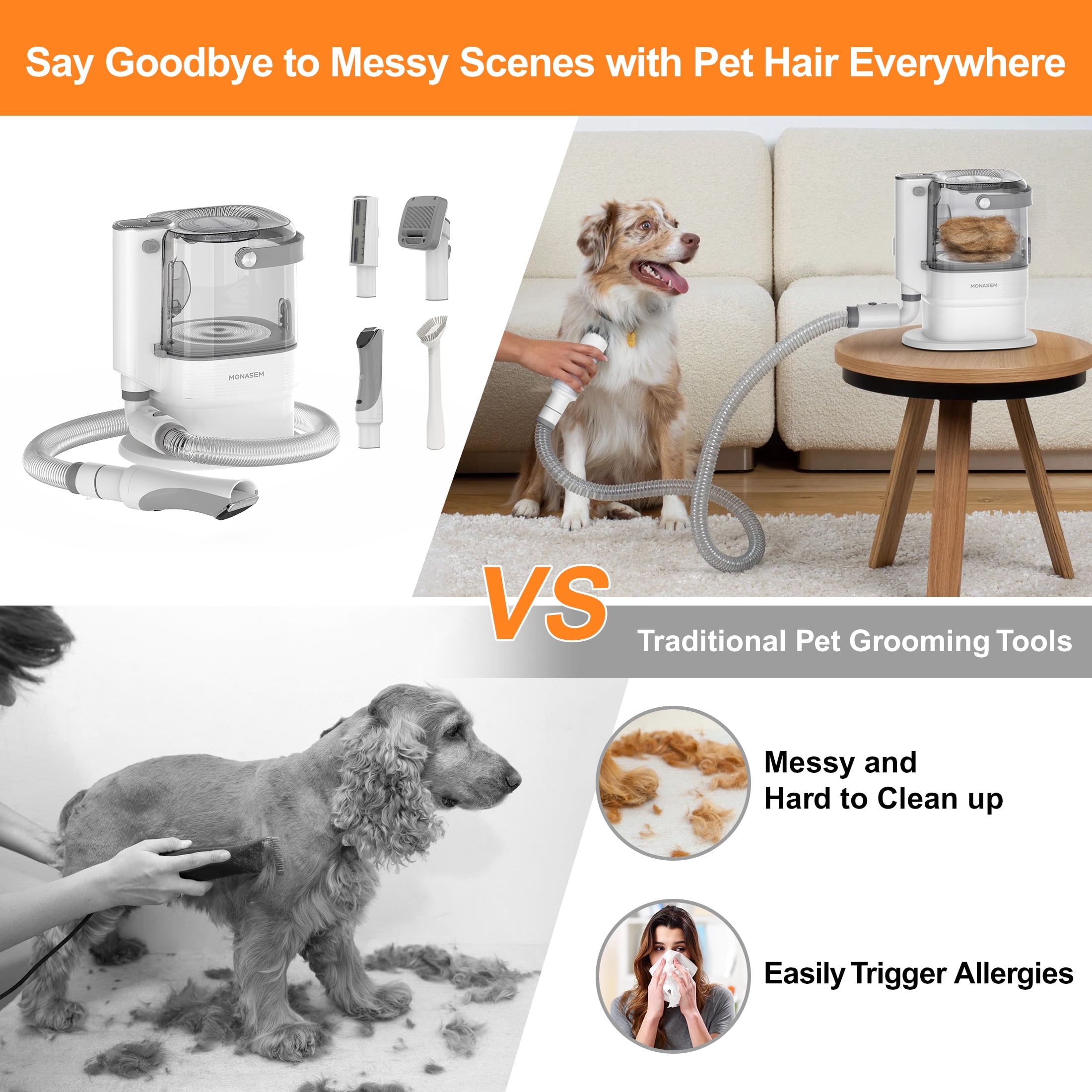 Monasem Dog Grooming Vacuum for Shedding, 13,200Pa Pet Grooming Vacuum Kit with Dogs Cats Clippers, 6 in 1 Low Noise Home Cleaning Tool - Image 10