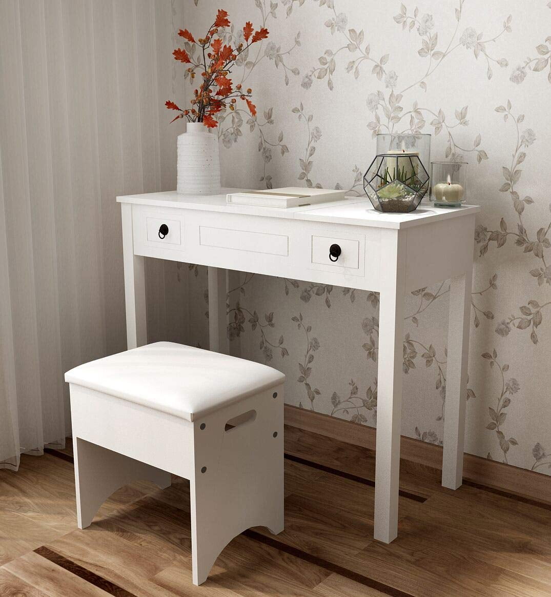 Ktaxon Vanity Set,Flip-top Mirror Dressing Table Makeup Vanity Table Writing Desk with 2 Drawers and Stool, White - Image 10