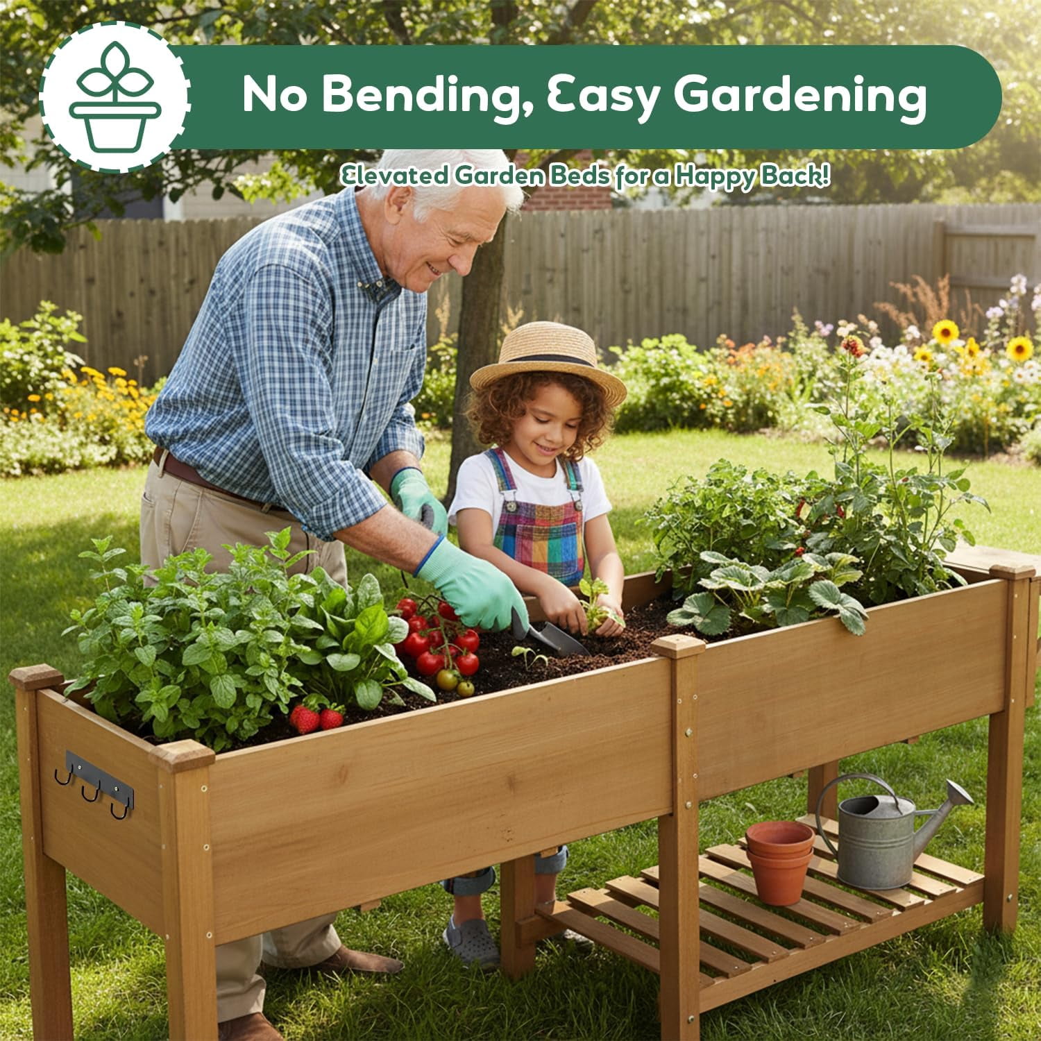 81" Large Raised Garden Bed with Legs, Elevated Planter Box with Liner, Side Table, Storage Shelf & Hanging Hooks for Vegetables & Herbs, Brown - Image 2