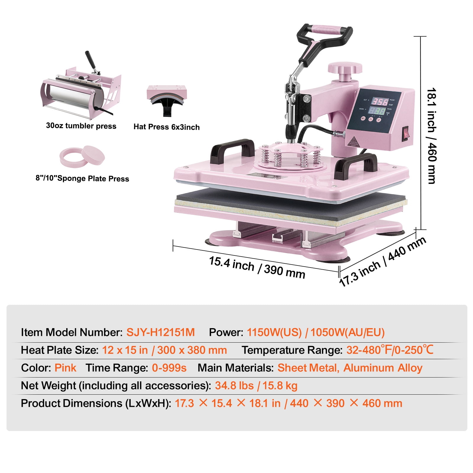 SKYSHALO Heat Press, 12x15 inch, 5-in-1 Transfer Tool with 30 oz Cup Press, Swivels 360° for T-Shirt/Mug/Hat/Plate Crafting, Digital Control, Pink - Image 8