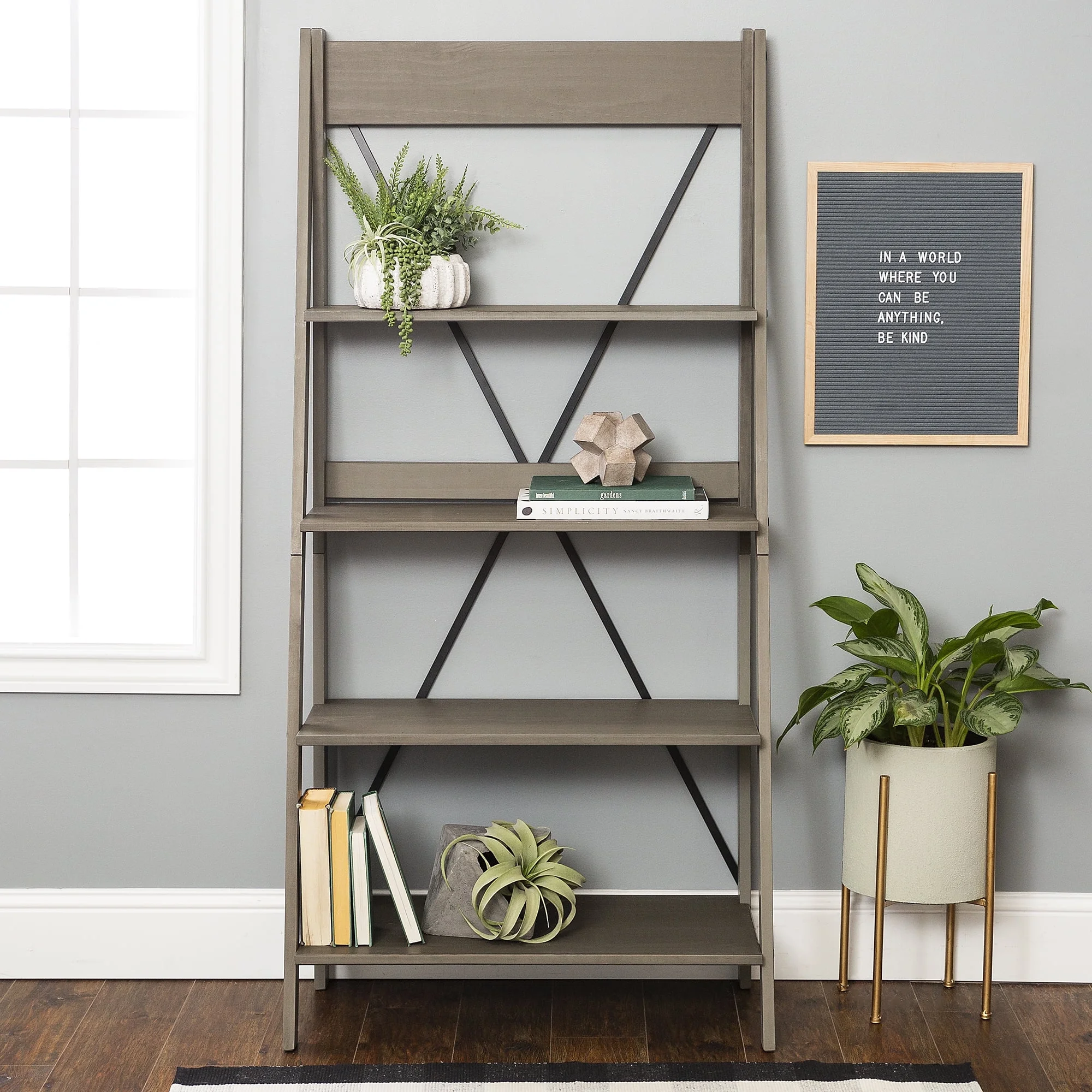 Frankie 68" Solid Wood Ladder Bookcase with 4-Fixed Shelves in Gray - Image 2