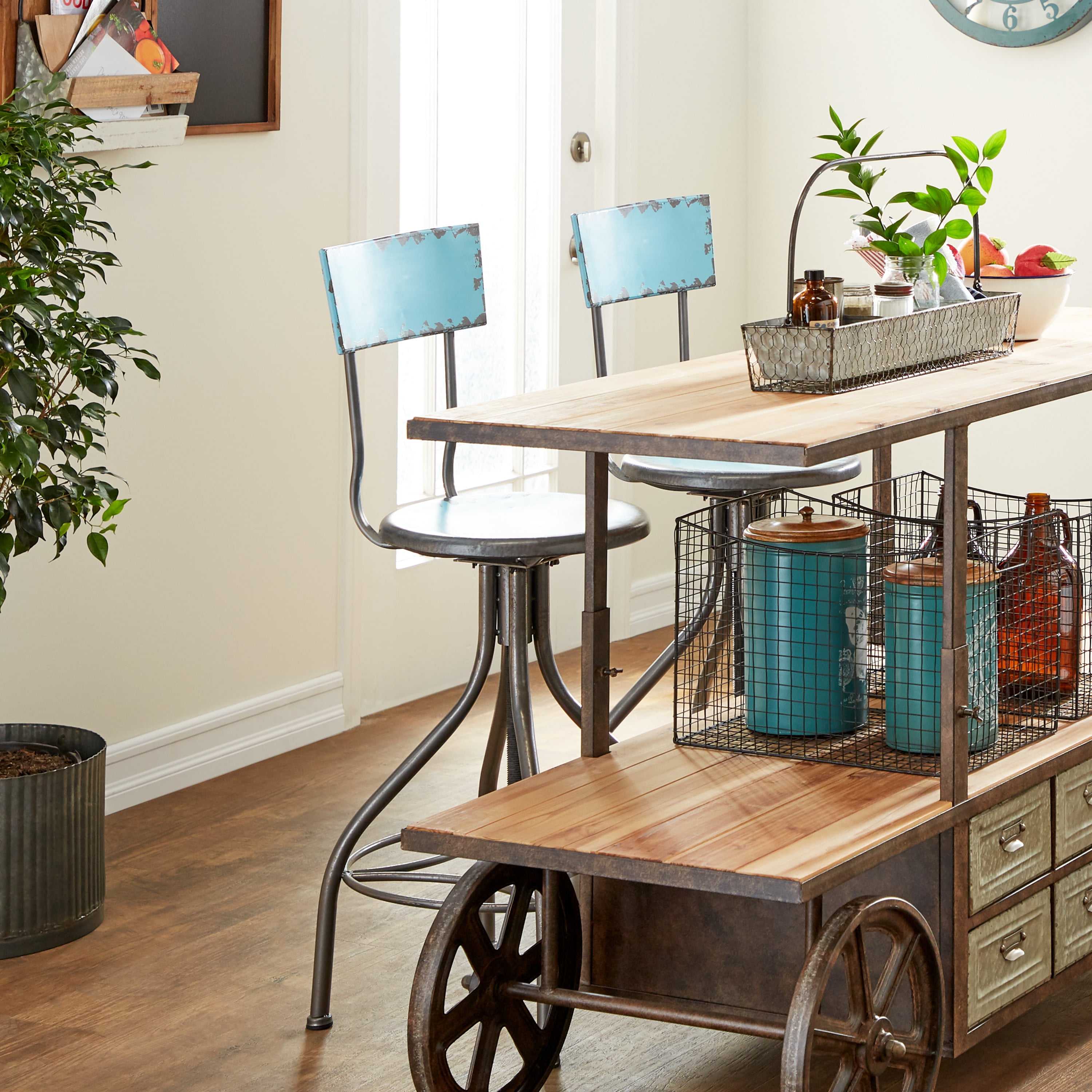 DecMode Metal Bar Stool with Backrest, Teal - Image 14