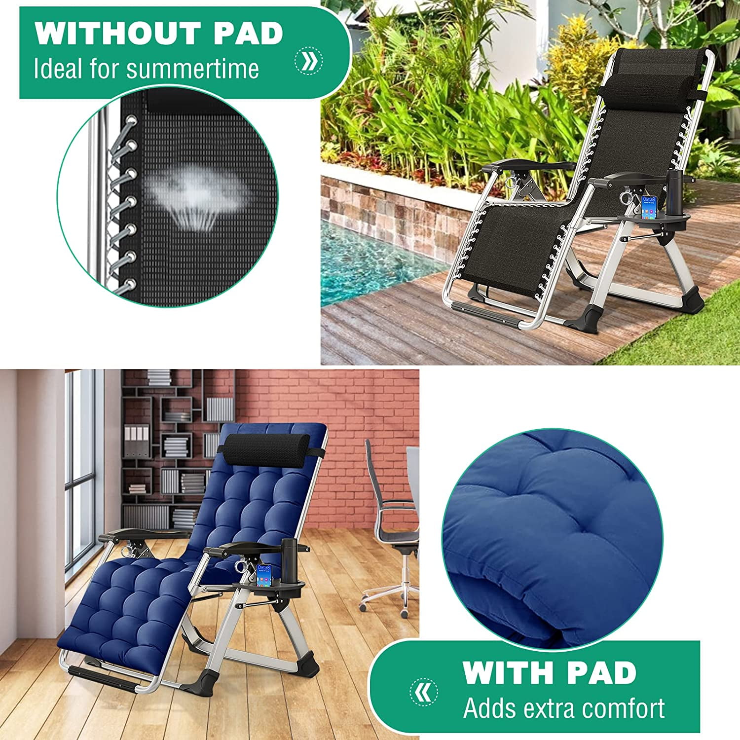 ABORON Living Room Chairs, Folding Zero Gravity Chair for Living Room/Bedroom/Office, Folding Lounge Chair Reclining Patio Chairs with Mattress for Indoor Outdoor - Image 3