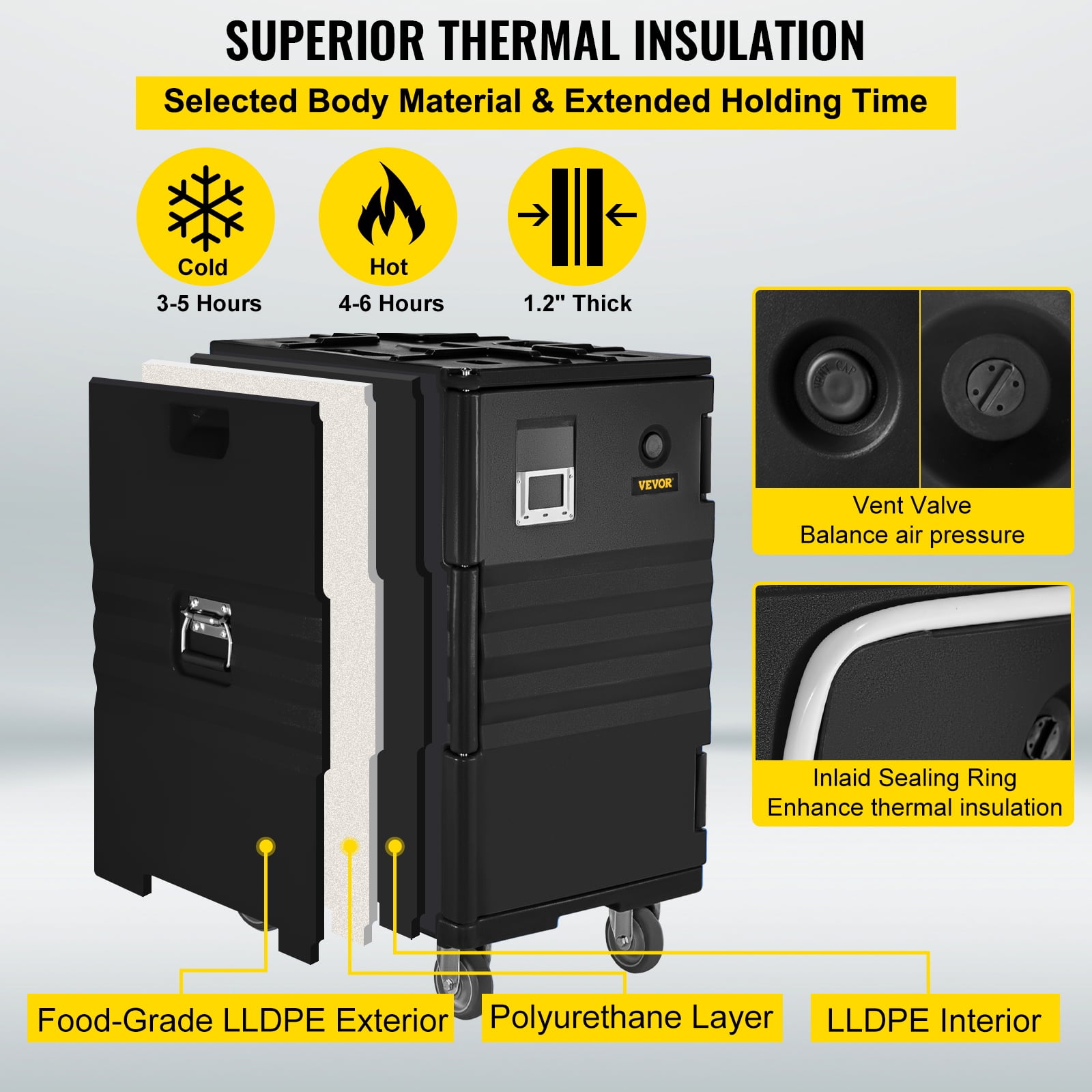 VEVOR Insulated Food Pan Carrier 109 Qt Hot Box for Catering, LLDPE Food Box Carrier with Double Buckles, Front Loading Food Warmer with Handles, End Loader with Wheels for Restaurant, Canteen, Etc. - Image 7