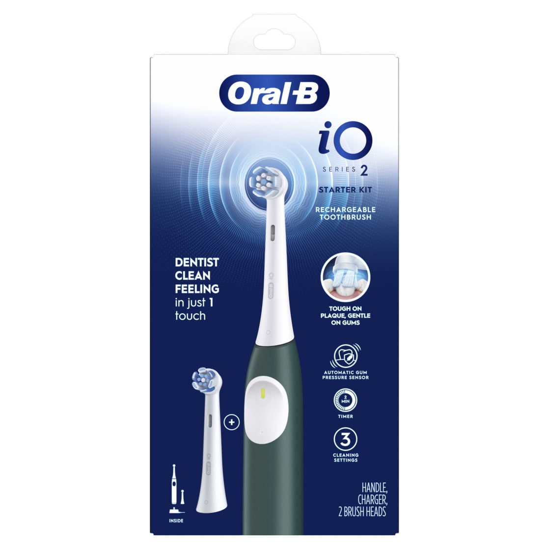 Oral-B iO Series 2 Rechargeable Electric Powered Toothbrush Starter Kit, Forest Green with 2 Brush Heads - Automatic Pressure Sensor to Protect Gums - 3 Modes - 2 Min Timer - Image 3