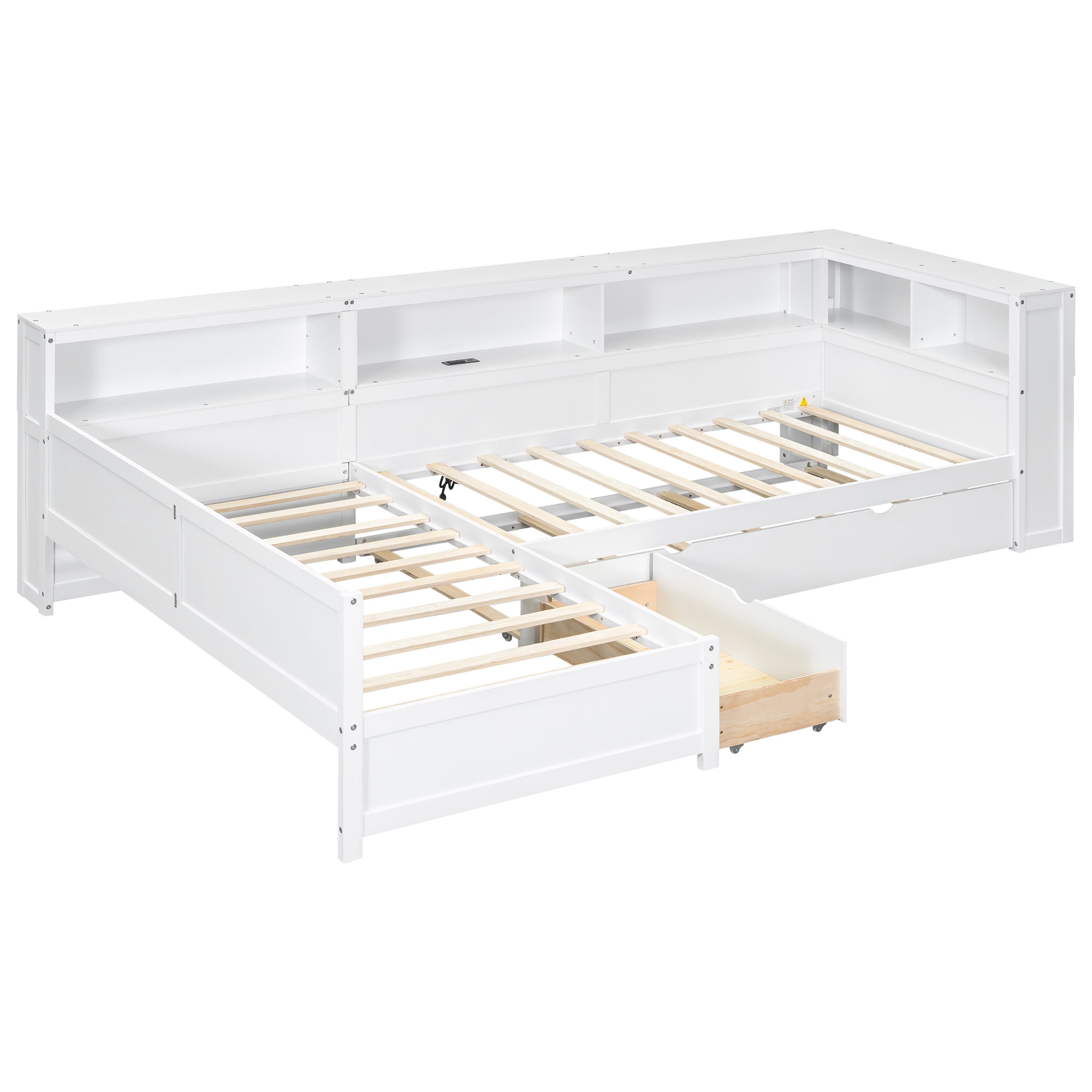 Euroco Wood Twin Size Platform Bed, L Shaped Daybeds with Storage Headboard and USB Charging, 3-in-1 Bed with Trundle and Drawer, White - Image 6