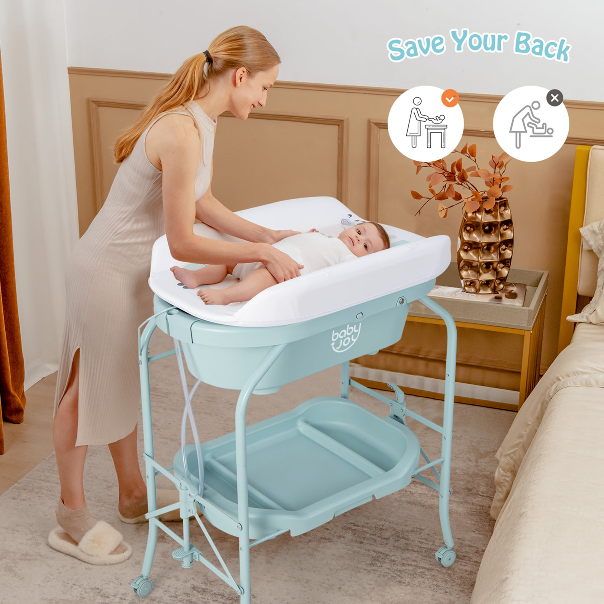Babyjoy Changing Table with Bathtub Folding Portable Diaper Station Steel 0-12 Months PP Blue - Image 8