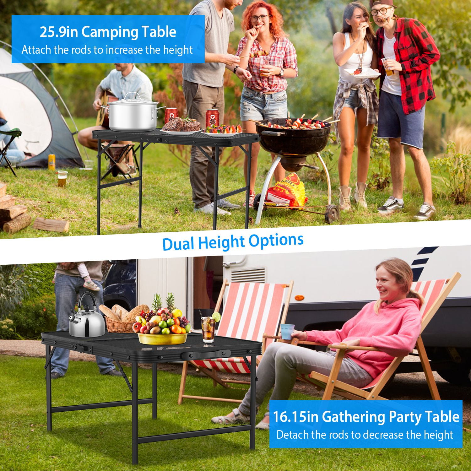 Moclever Portable Grill Table, Folding Camping Table Adjustable Height for Outdoor, 35x23x26in - Image 4