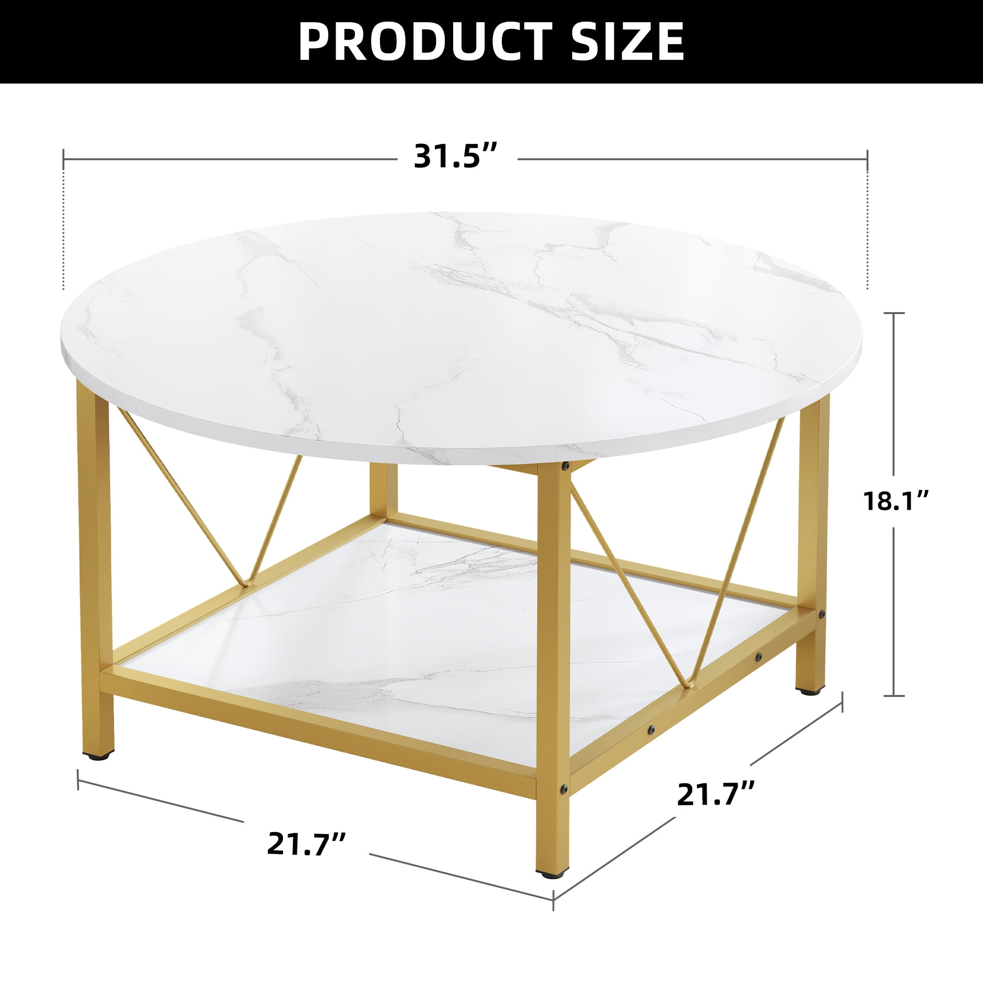 Dextrus Round Coffee Table with Storage, Rustic Living Room Tables with Sturdy Metal Legs, Marble White and Gold - Image 4