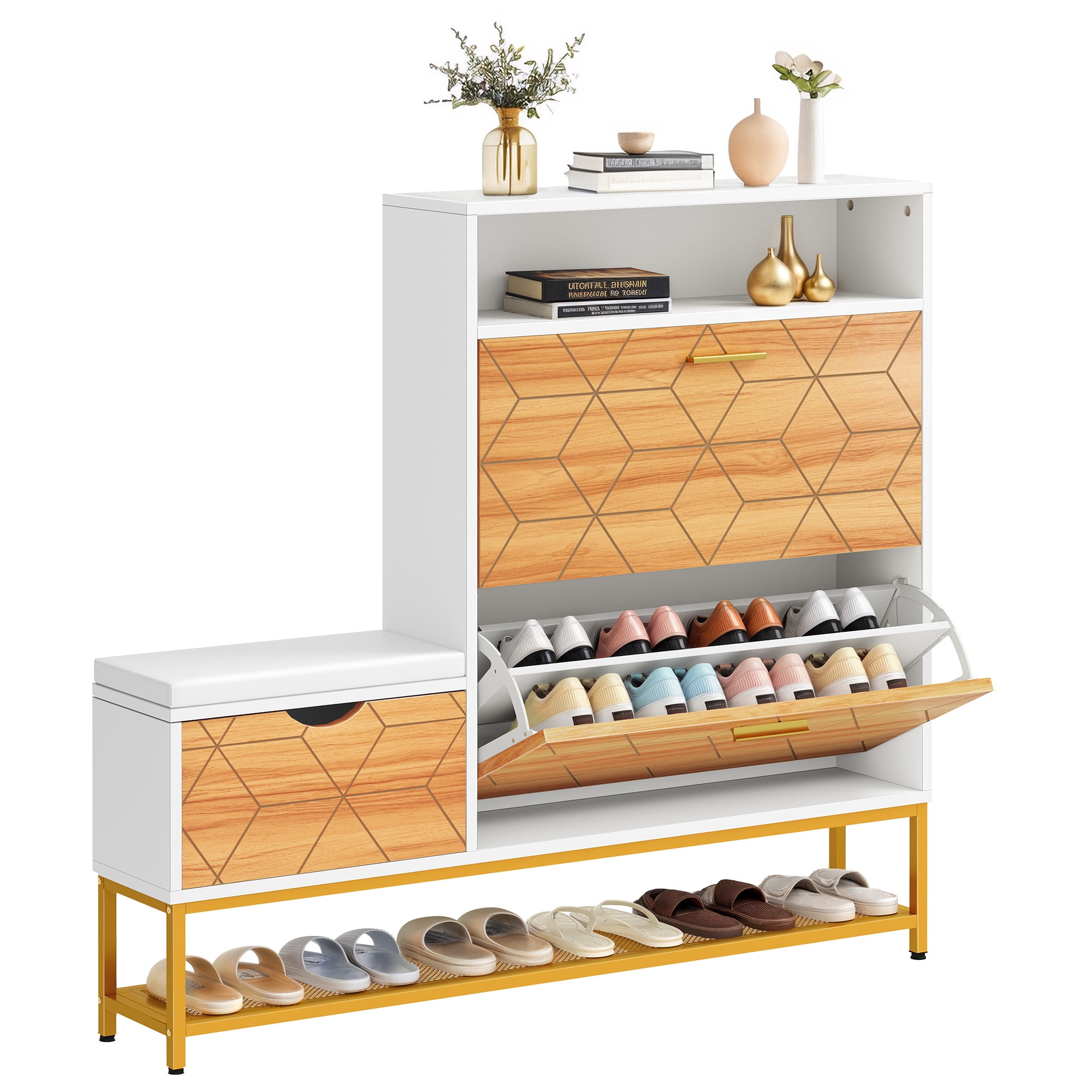 Dextrus Shoe Cabinet with 2 Flip Drawers & Open Shelf , Modern Shoe Storage Cabinet with Storage Bench, Freestanding Shoe Rack Storage Organizer Bench for Hallway Entryway, White - Image 7