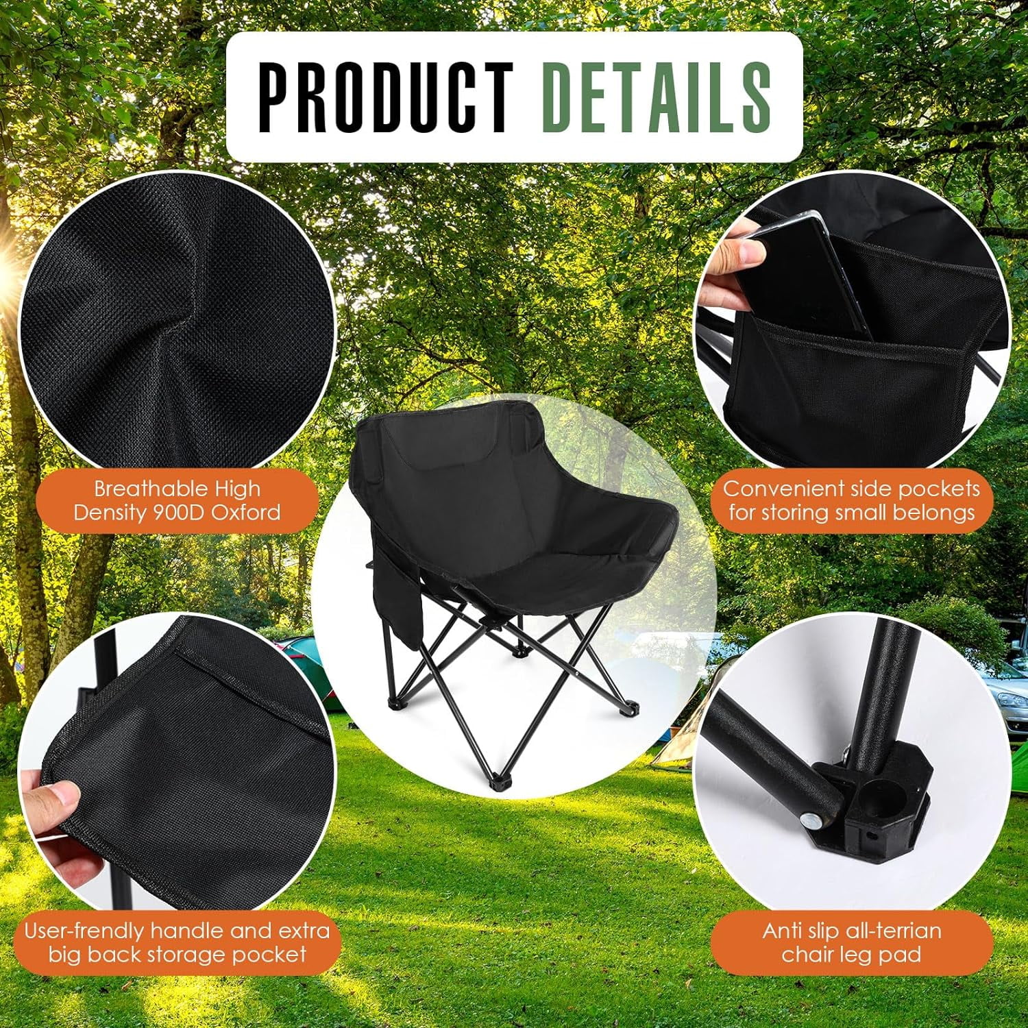 GVDV Foldable Camping Chair with Side Pocket, 600D Waterproof Oxford Cloth, Black - Image 7