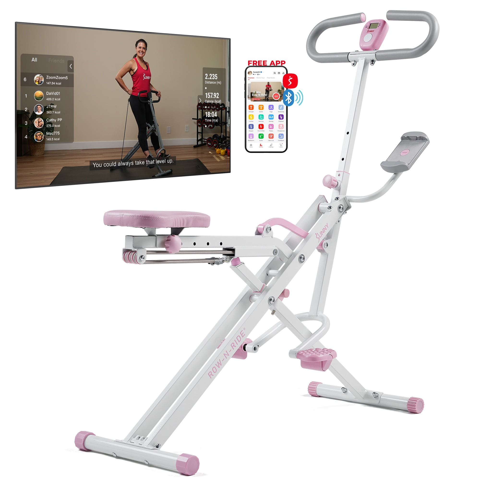Sunny Health & Fitness Pink Row-N-Ride Plus, Squat Assist Rower for Glutes and Full Body Workout, 330 LB Capacity and Free Access to SunnyFit App - P2100SMART - Image 7