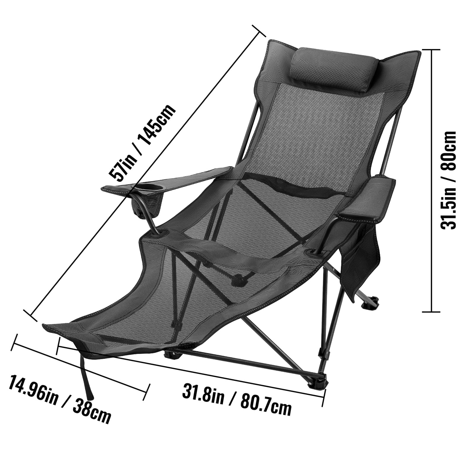 SKYSHALO Gray Folding Camp Chair with Footrest Mesh Lounge Chair with Cup Holder and Storage Bag Reclining Folding Camp Chair for Camping Fishing and Other Outdoor Activities (Gray) - Image 6