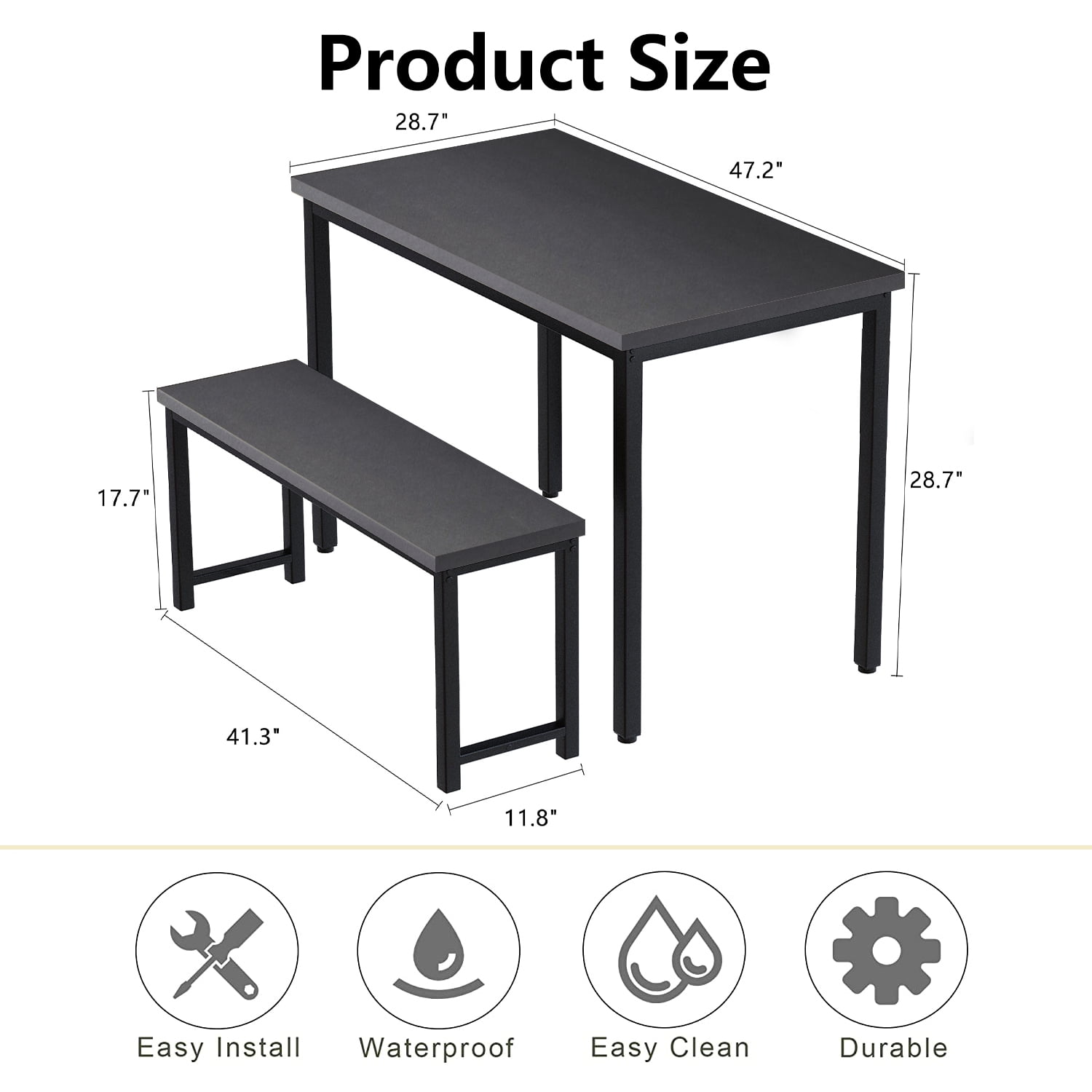 3 Piece Dining Table Set, Modern Wood Table Top Dining Table Set with Bench and Metal Frame, Breakfast Nook Dining Room Set, Dining Set for 4, Kitchen Living Dining Room Furniture, Black - Image 3