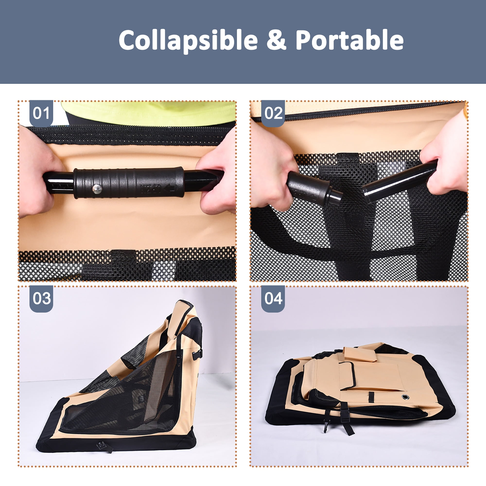 JESPET: 36" Soft Pet Crate - Beige - Dogs & Cats Up to 70 lbs, 3 Door Folding Kennel, Indoor Outdoor Travel Carrier, Mesh Windows, Fleece Mat, GooPaws - Image 2