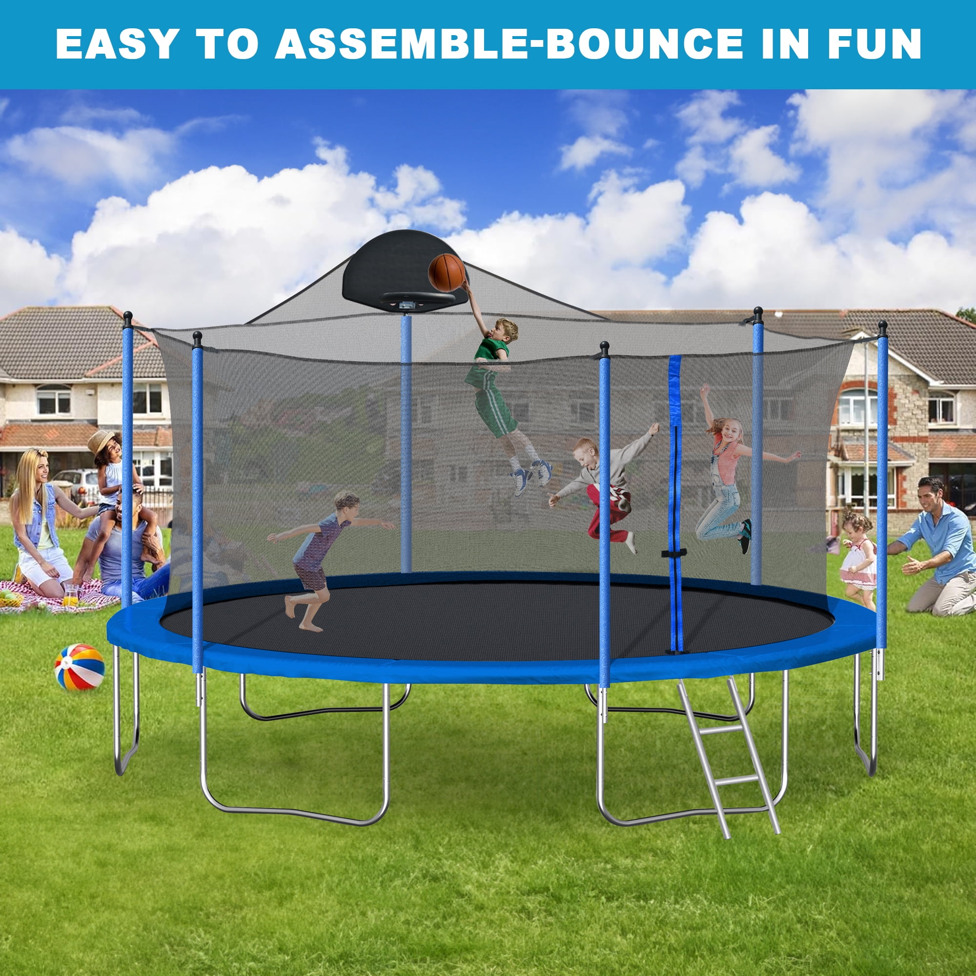 Aukfa 14FT Trampoline with Enclosure Net for Kids Adults, Outdoor Trampoline with Basketball Hoop for Backyard, Blue - Image 2