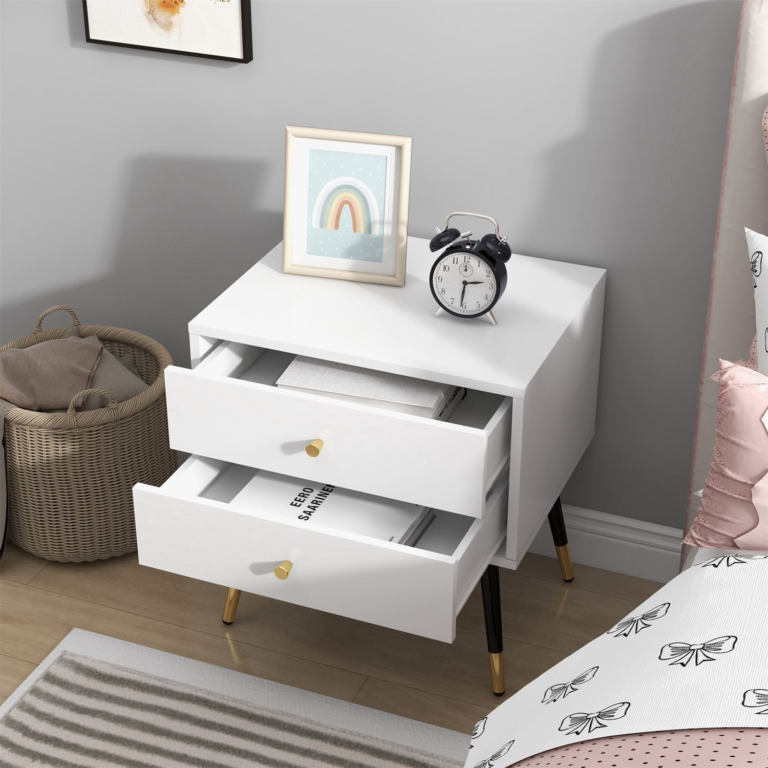Xiweot Nightstand White Dresser with 2 Drawers, Vertical Storage Tower Fabric Dresser for Bedroom, Hallway, Entryway, Nursery, Closet Organizer, Bedside Table Furniture, Sturdy Steel Frame, Wood Top - Image 6