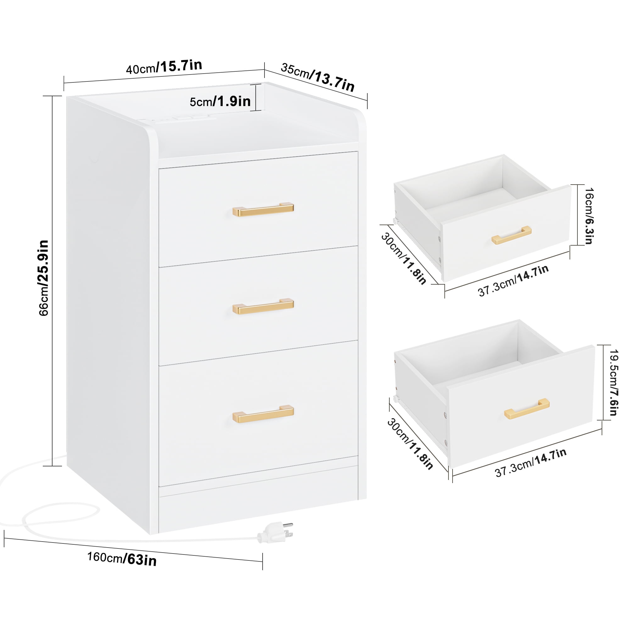 Homfa White Nightstand with Charging Station, 3 Drawers Nightstand for Bedroom, Modern Storage Cabinet for Living Room - Image 9